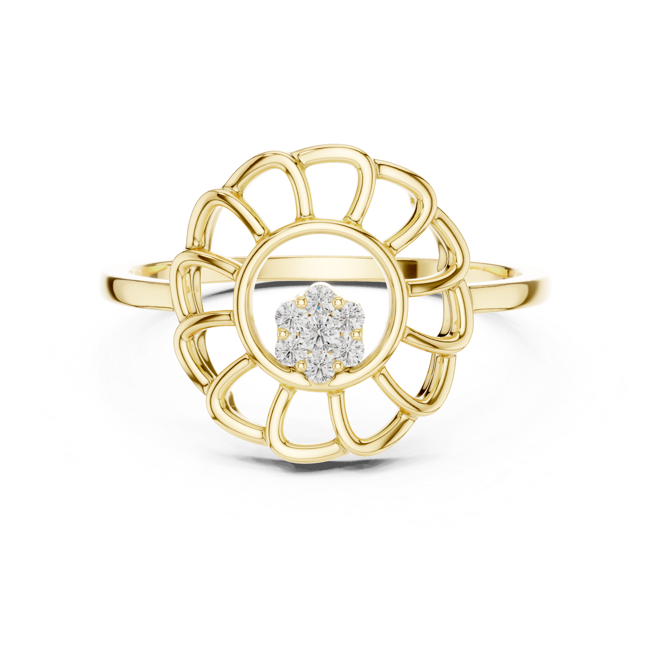 Diamond Sunflower Halo Ring – Openwork Floral Cluster Statement Ring