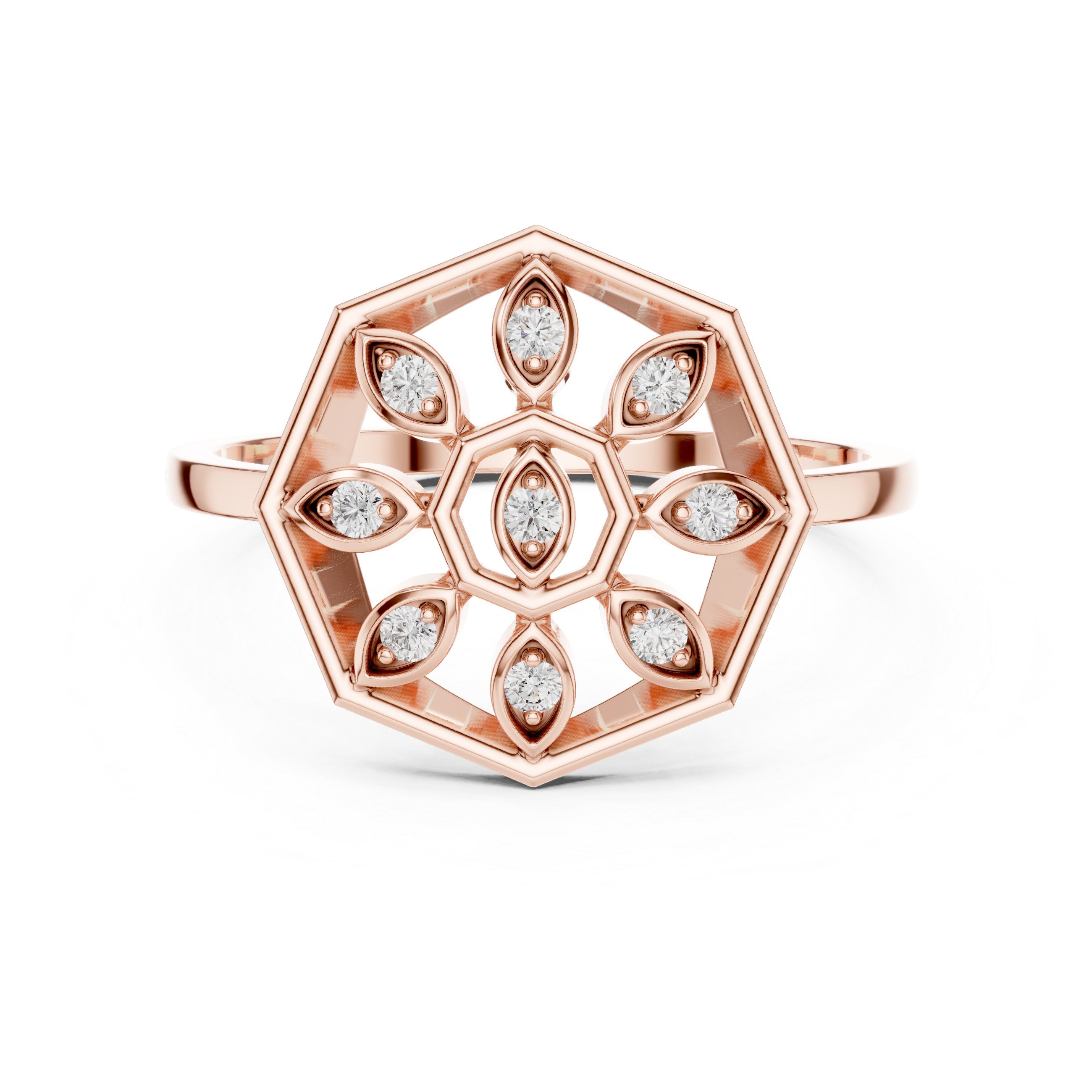 Diamond Hexagon Snowflake Ring – Geometric Floral Openwork Statement Ring