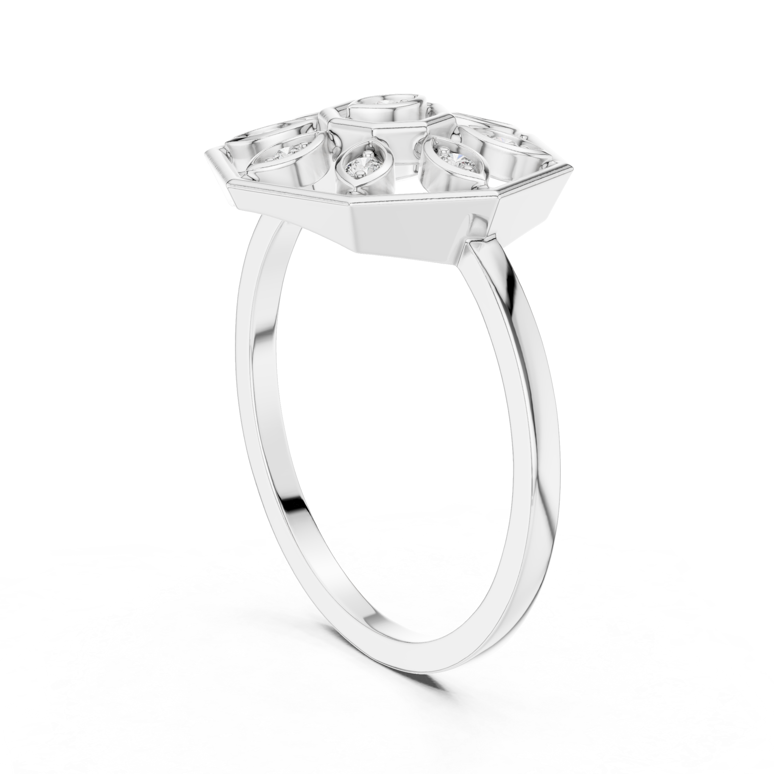 Diamond Hexagon Snowflake Ring – Geometric Floral Openwork Statement Ring