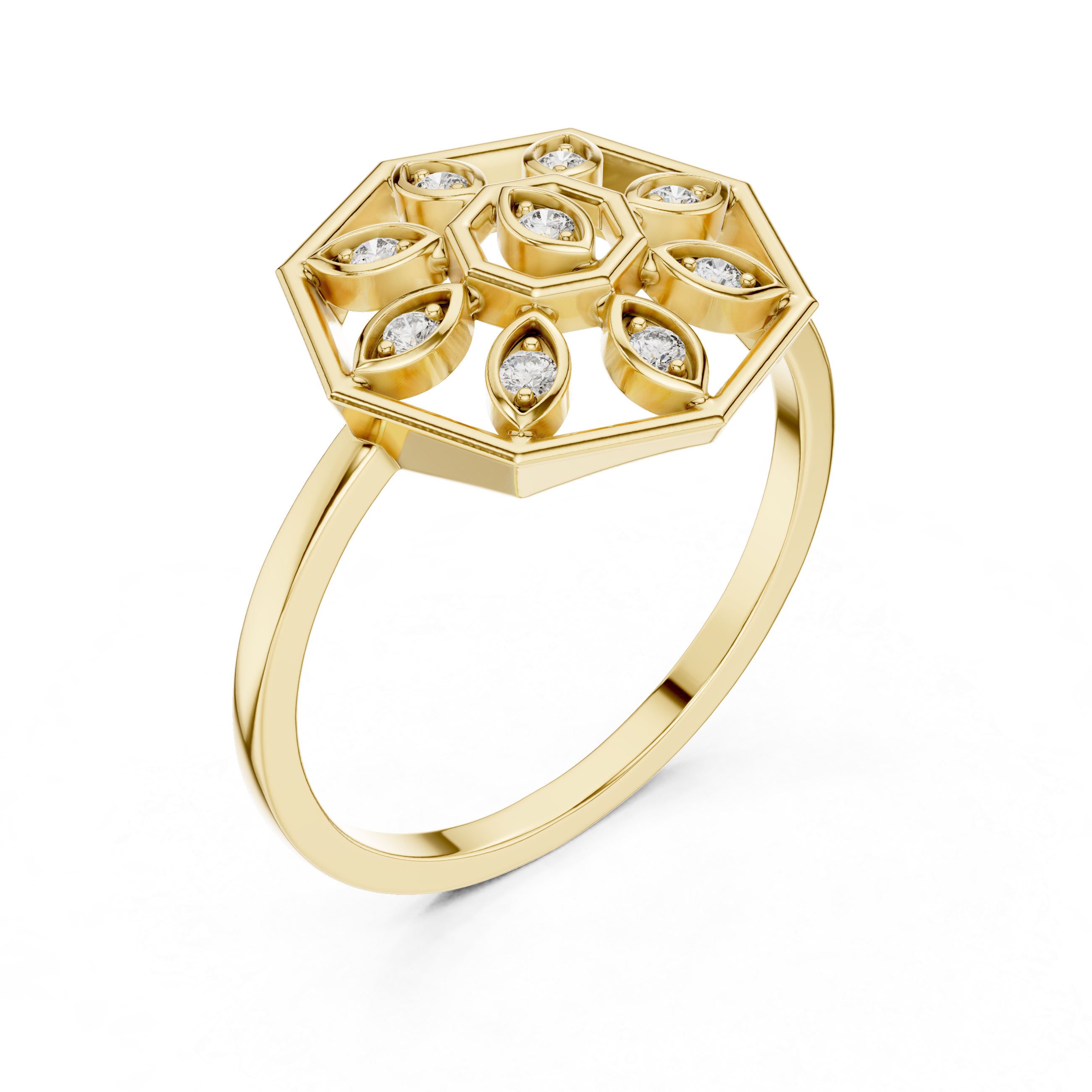 Diamond Hexagon Snowflake Ring – Geometric Floral Openwork Statement Ring