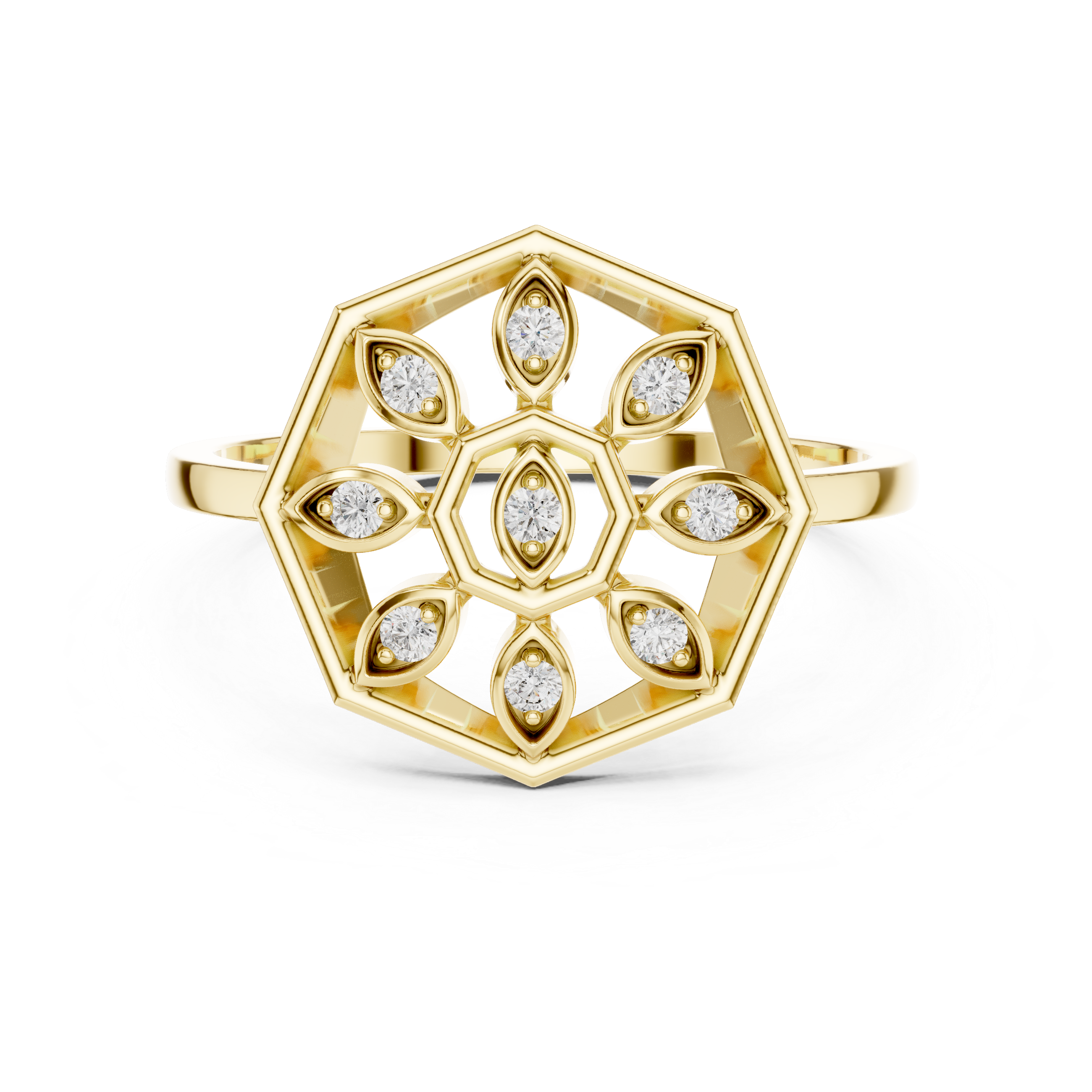 Diamond Hexagon Snowflake Ring – Geometric Floral Openwork Statement Ring