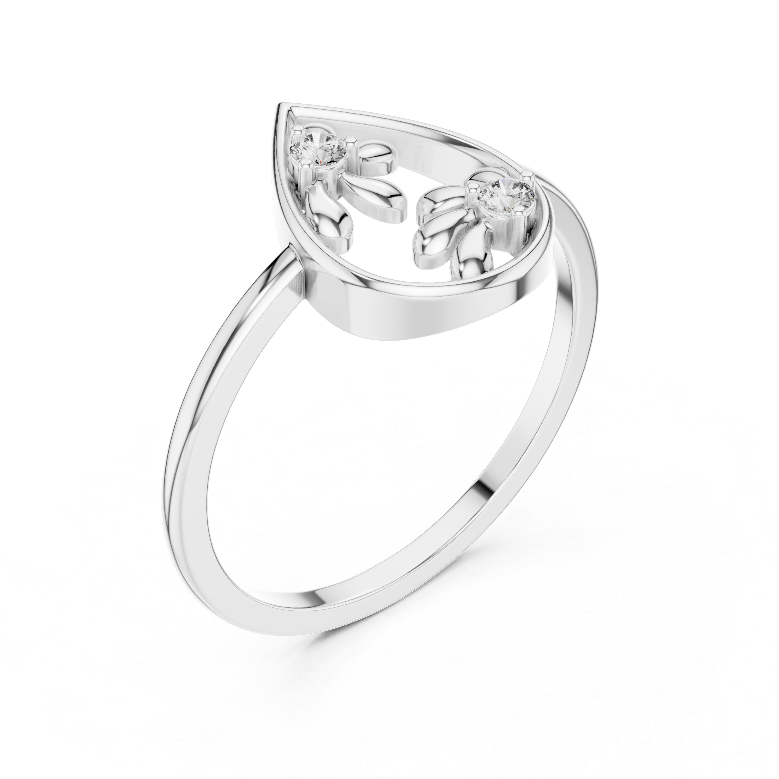 Diamond Floral Teardrop Ring – Open Pear Shape Nature Inspired Statement Ring