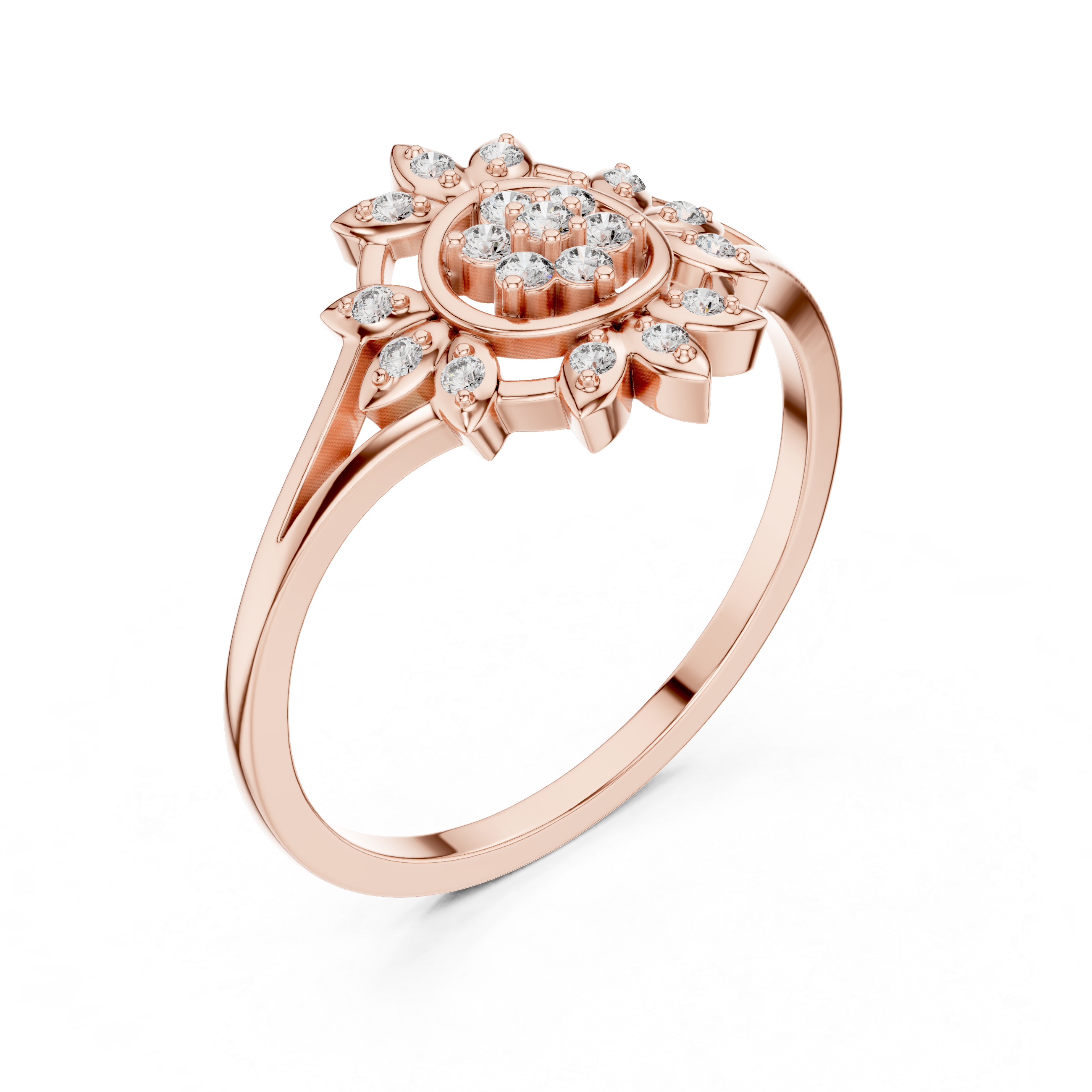Sunburst Floral Diamond Ring with Split Shank Design