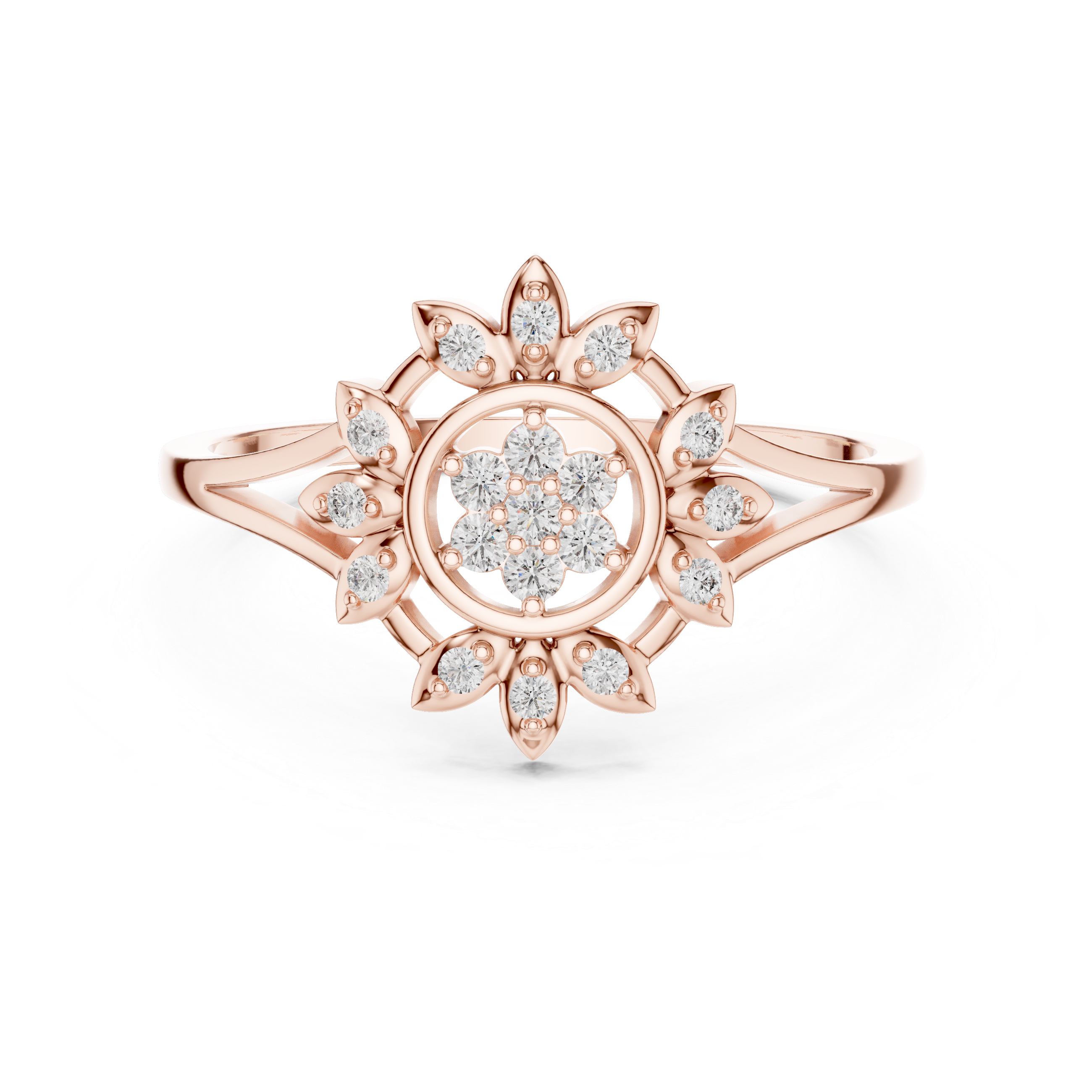 Sunburst Floral Diamond Ring with Split Shank Design