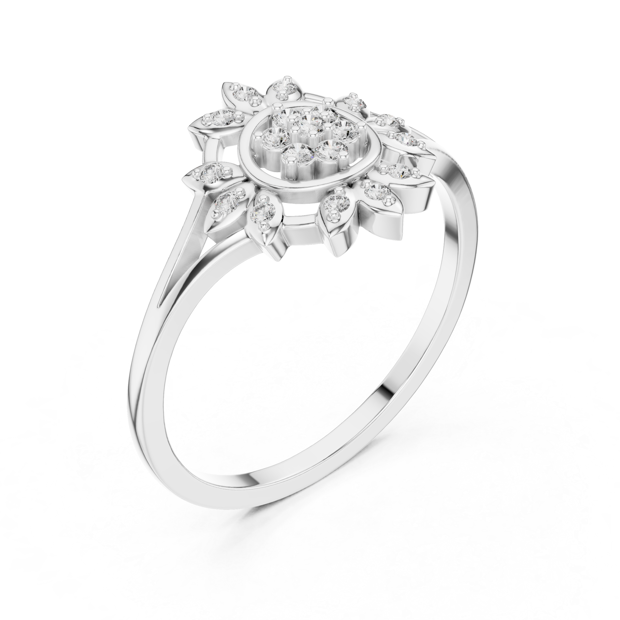 Sunburst Floral Diamond Ring with Split Shank Design