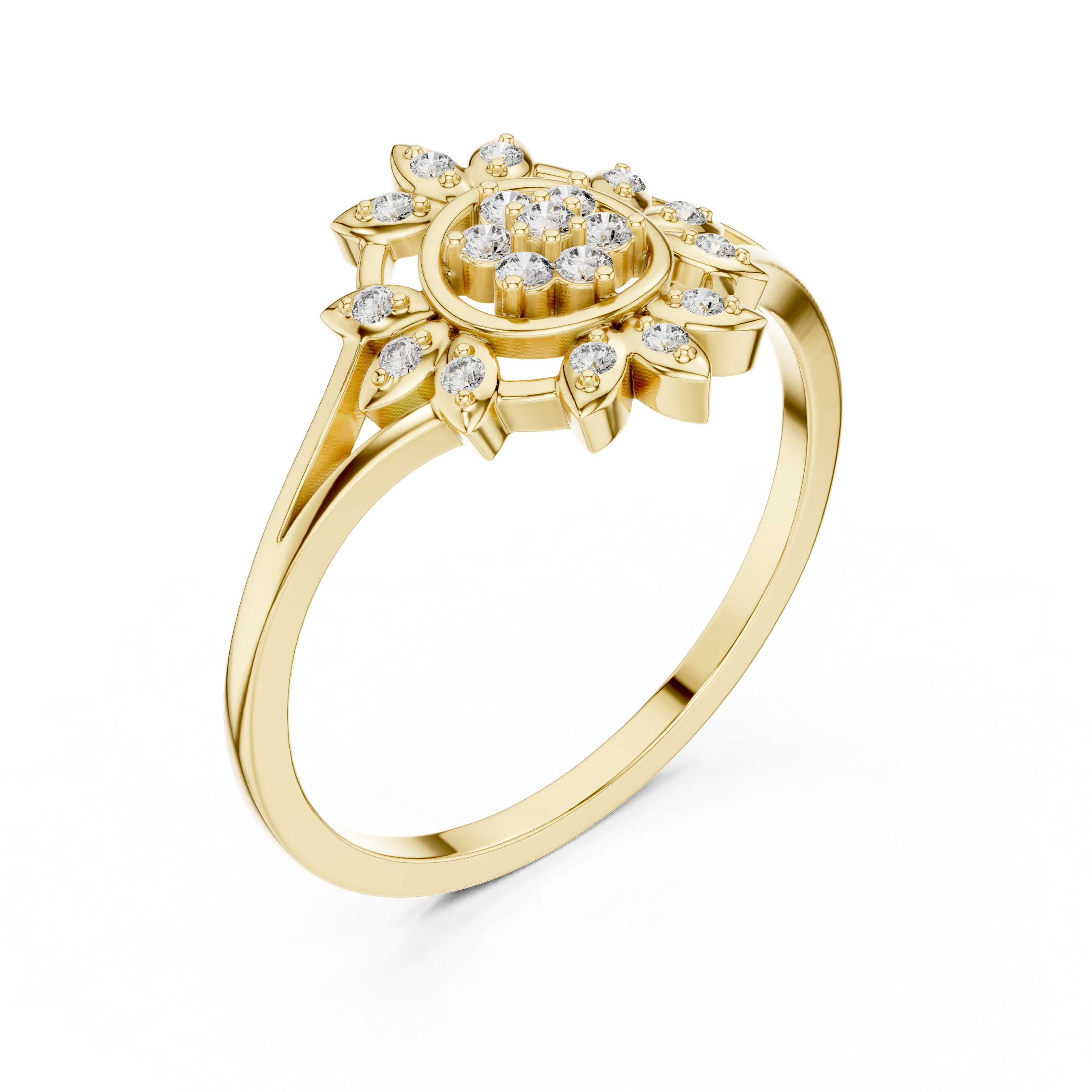 Sunburst Floral Diamond Ring with Split Shank Design