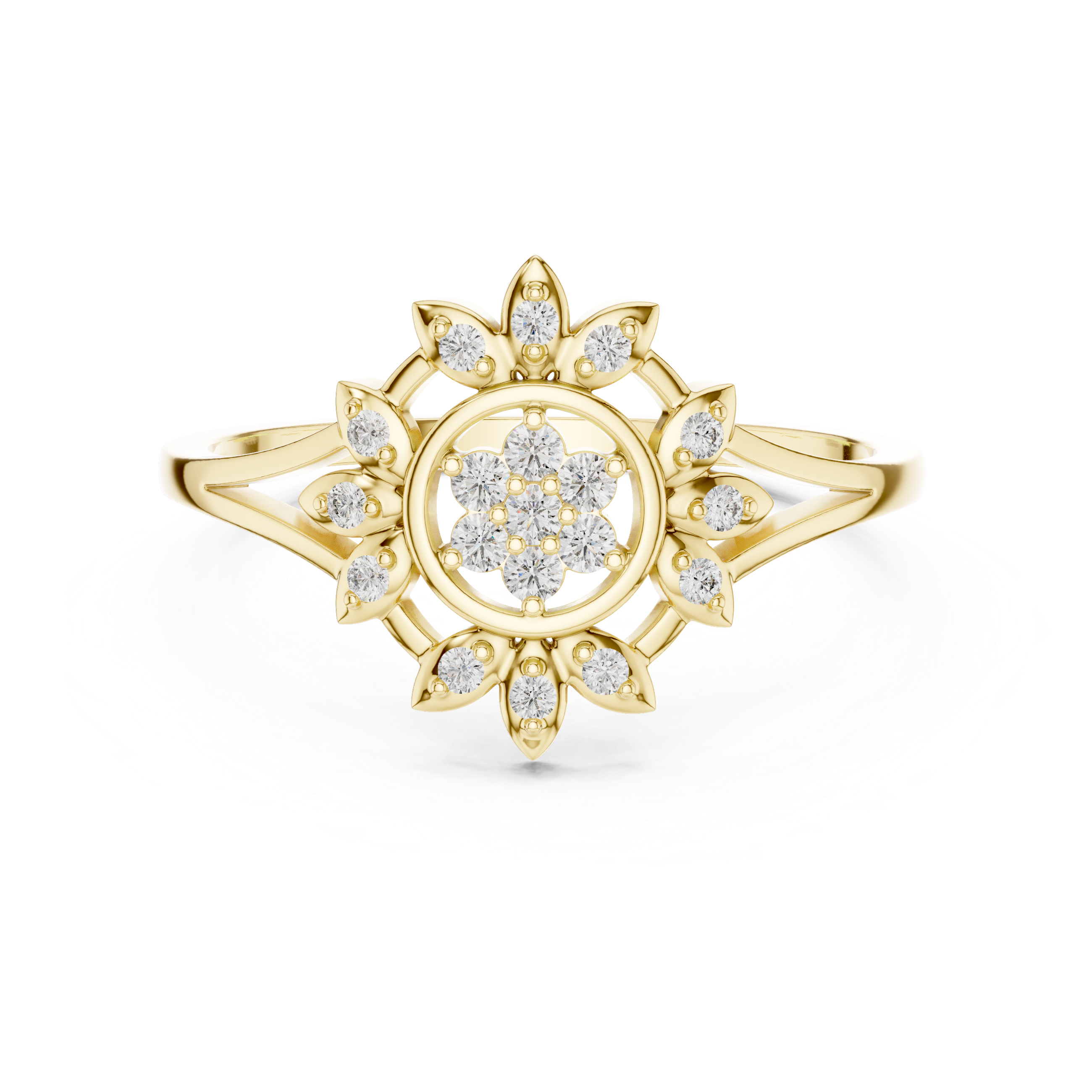 Sunburst Floral Diamond Ring with Split Shank Design