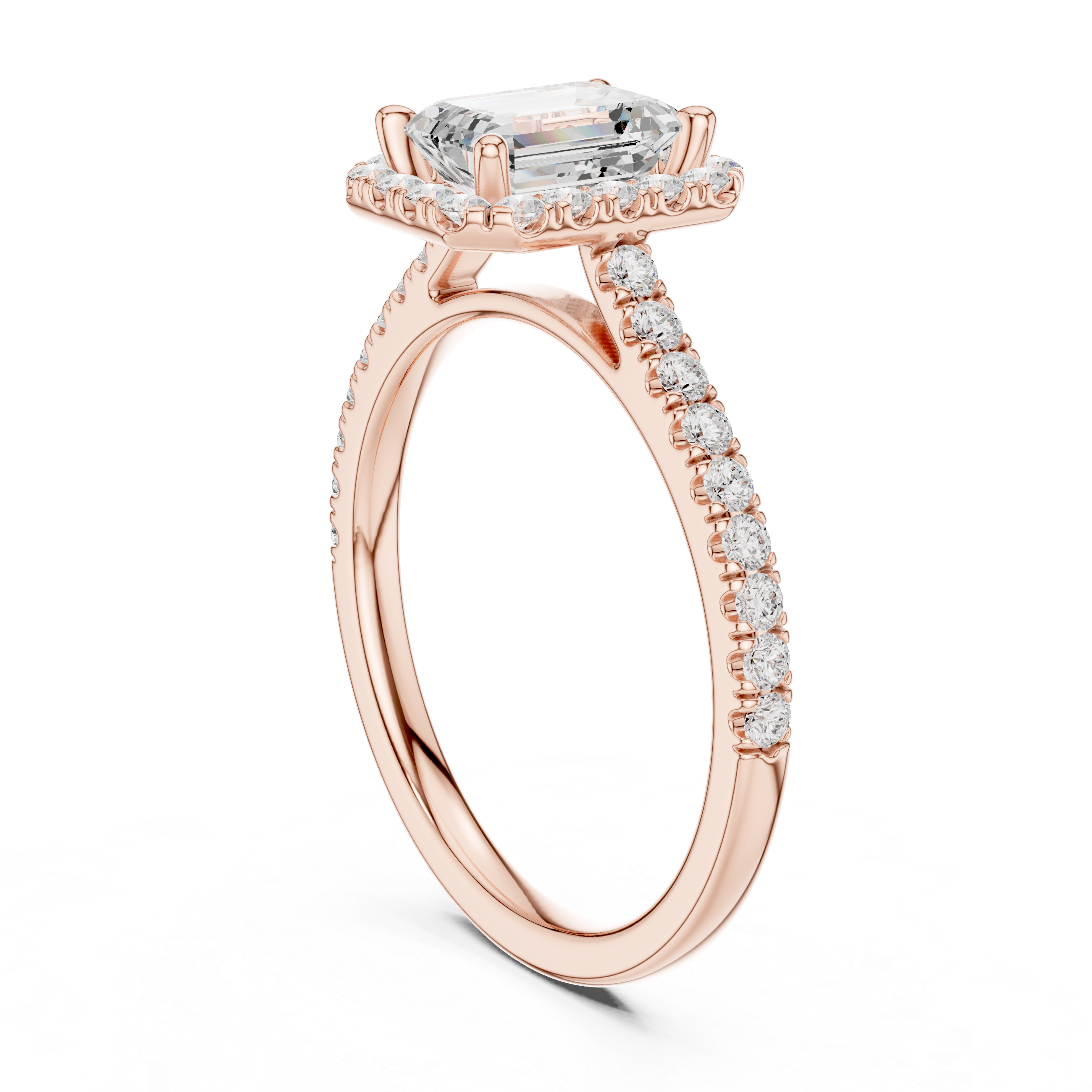 Emerald Cut Halo Engagement Ring with Pavé Band
