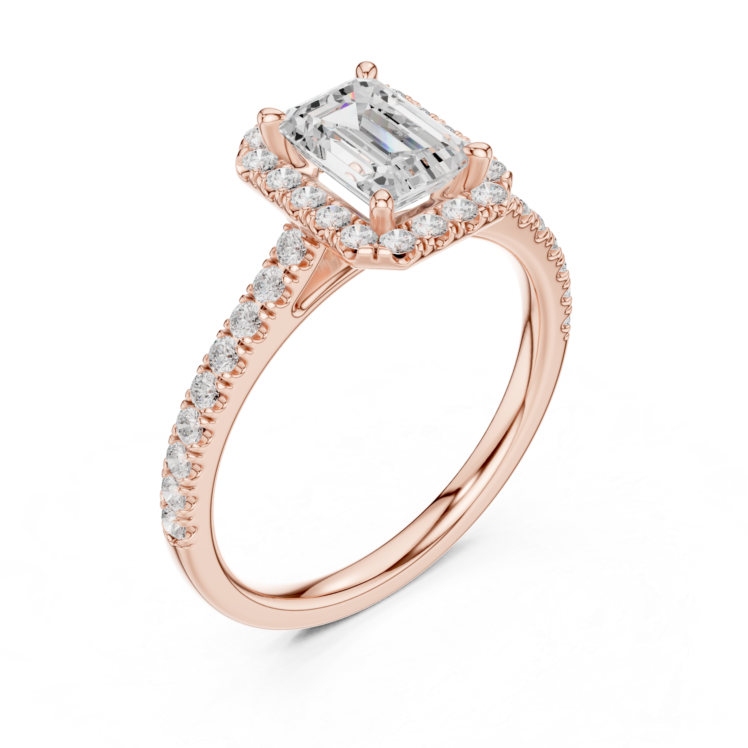 Emerald Cut Halo Engagement Ring with Pavé Band