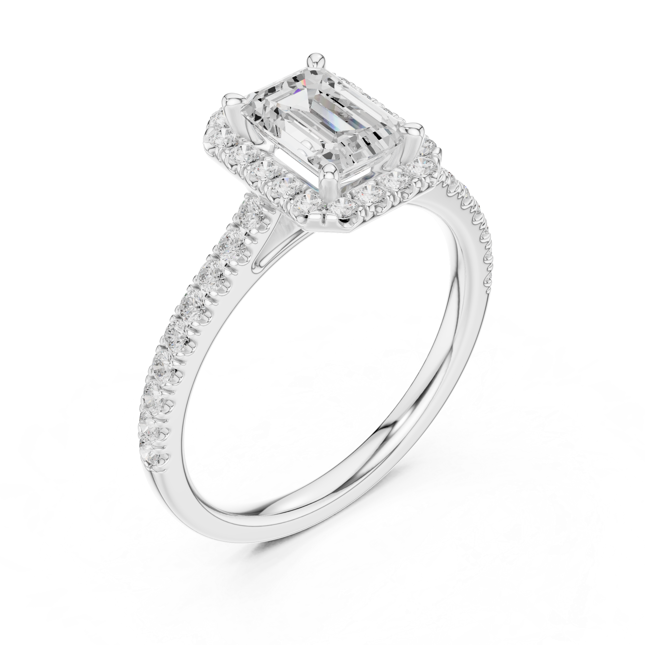 Emerald Cut Halo Engagement Ring with Pavé Band