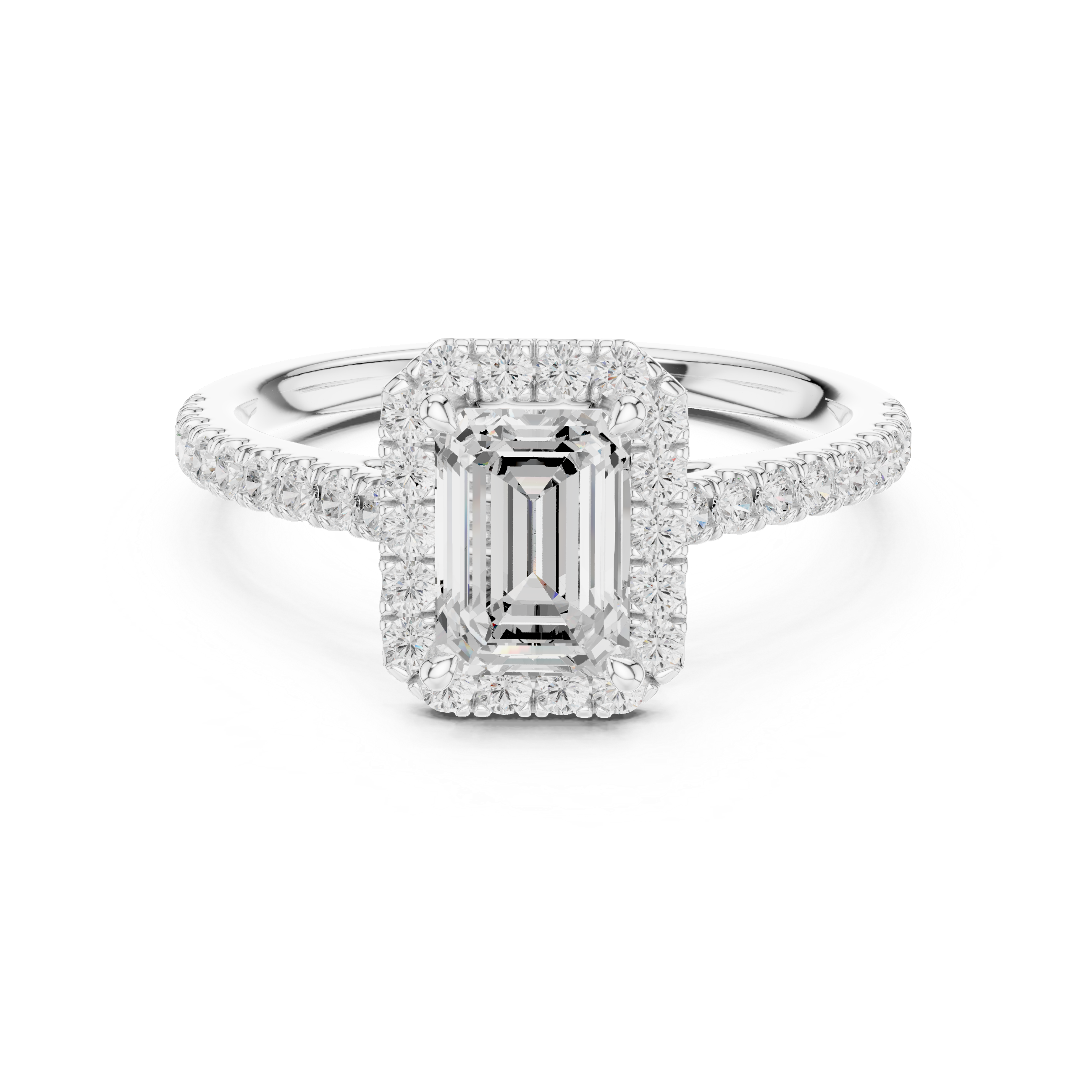 Emerald Cut Halo Engagement Ring with Pavé Band