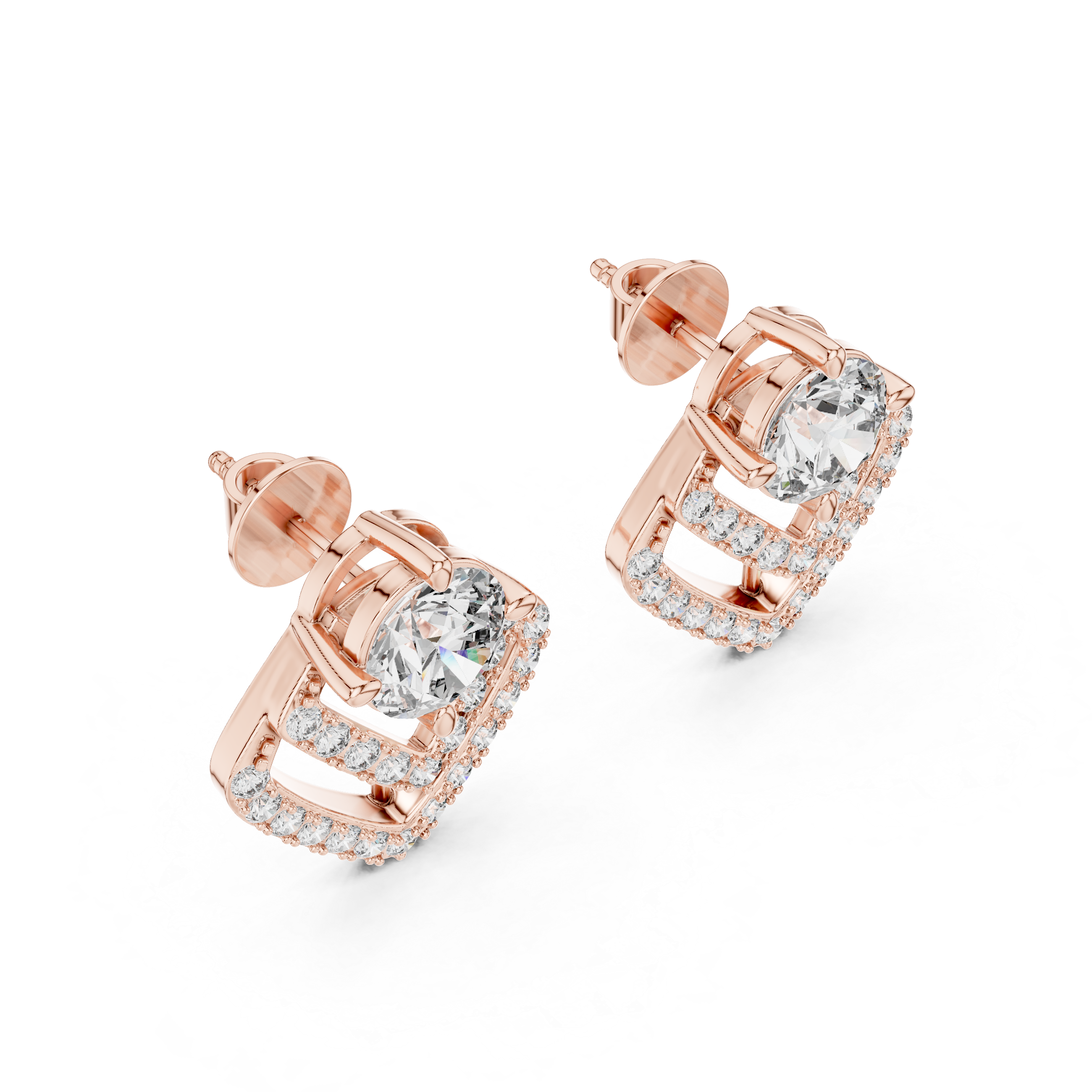 Geometric Double Chevron Diamond Stud Earrings – Modern Halo Design