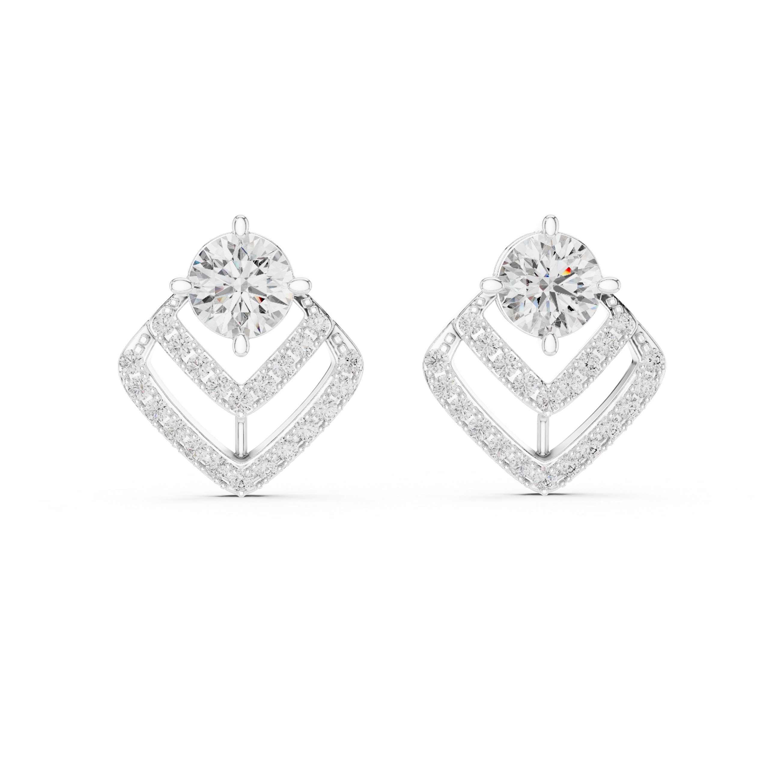 Geometric Double Chevron Diamond Stud Earrings – Modern Halo Design