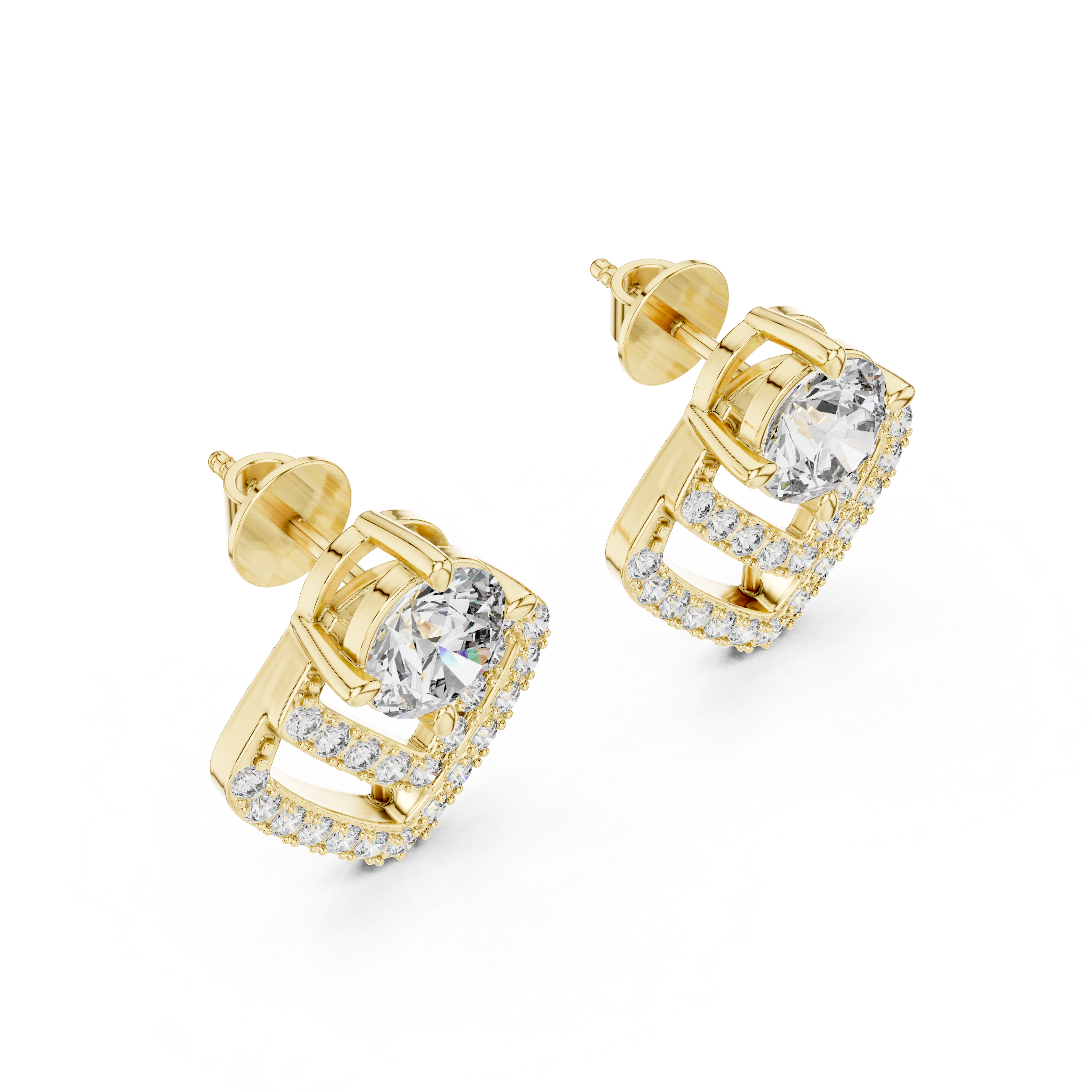 Geometric Double Chevron Diamond Stud Earrings – Modern Halo Design
