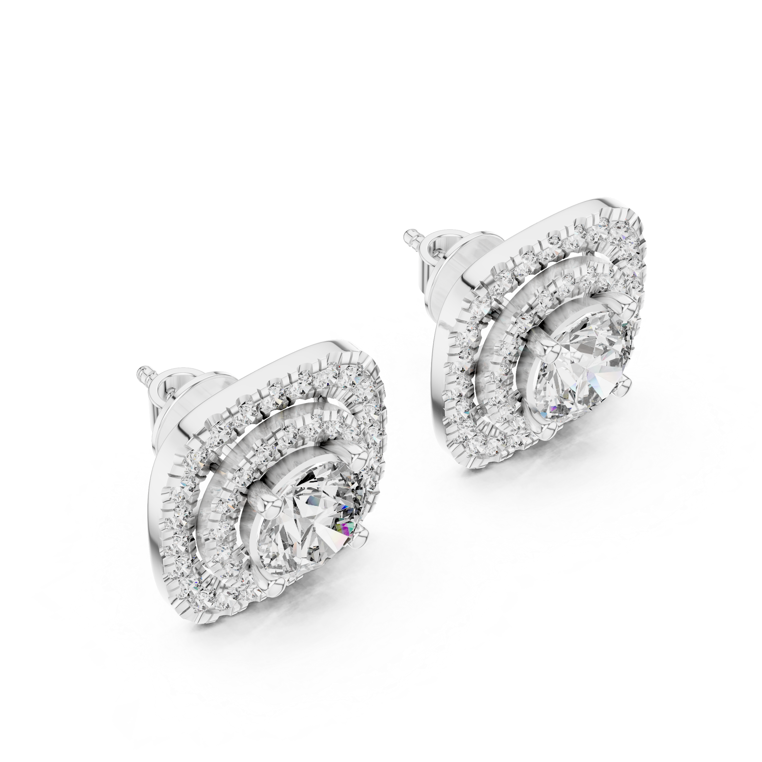 Double Halo Diamond Stud Earrings – Cushion Shape Elegant Design