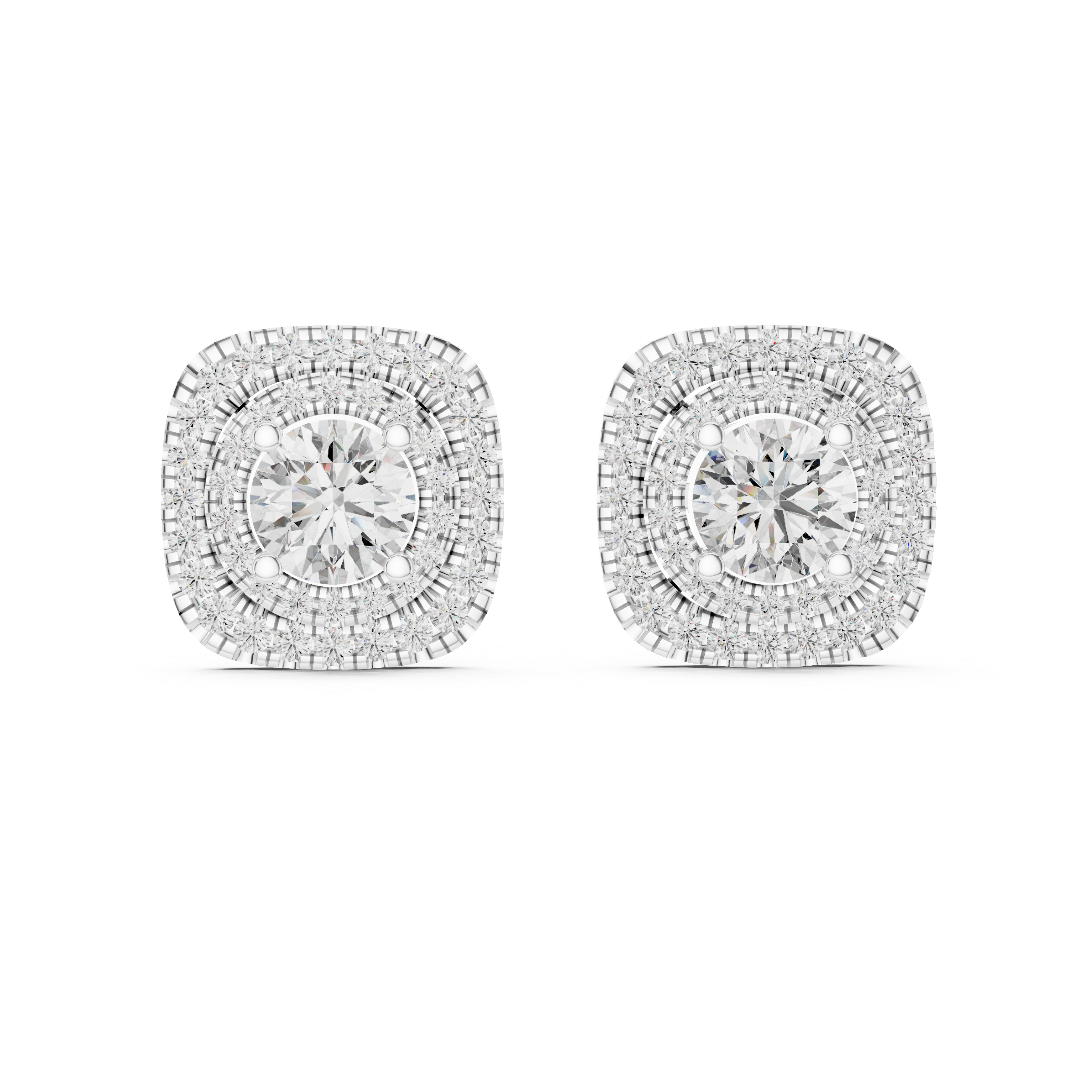 Double Halo Diamond Stud Earrings – Cushion Shape Elegant Design