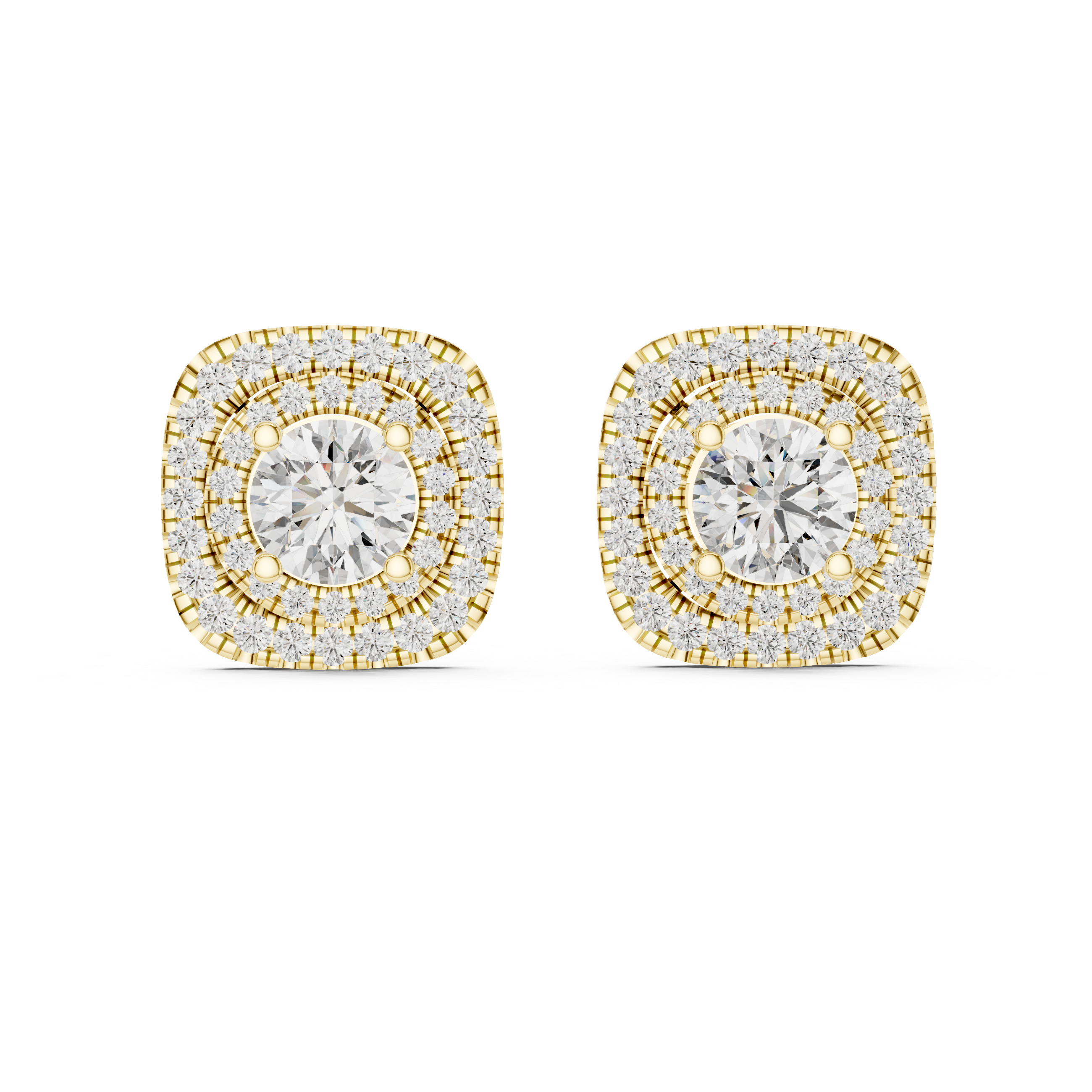 Double Halo Diamond Stud Earrings – Cushion Shape Elegant Design