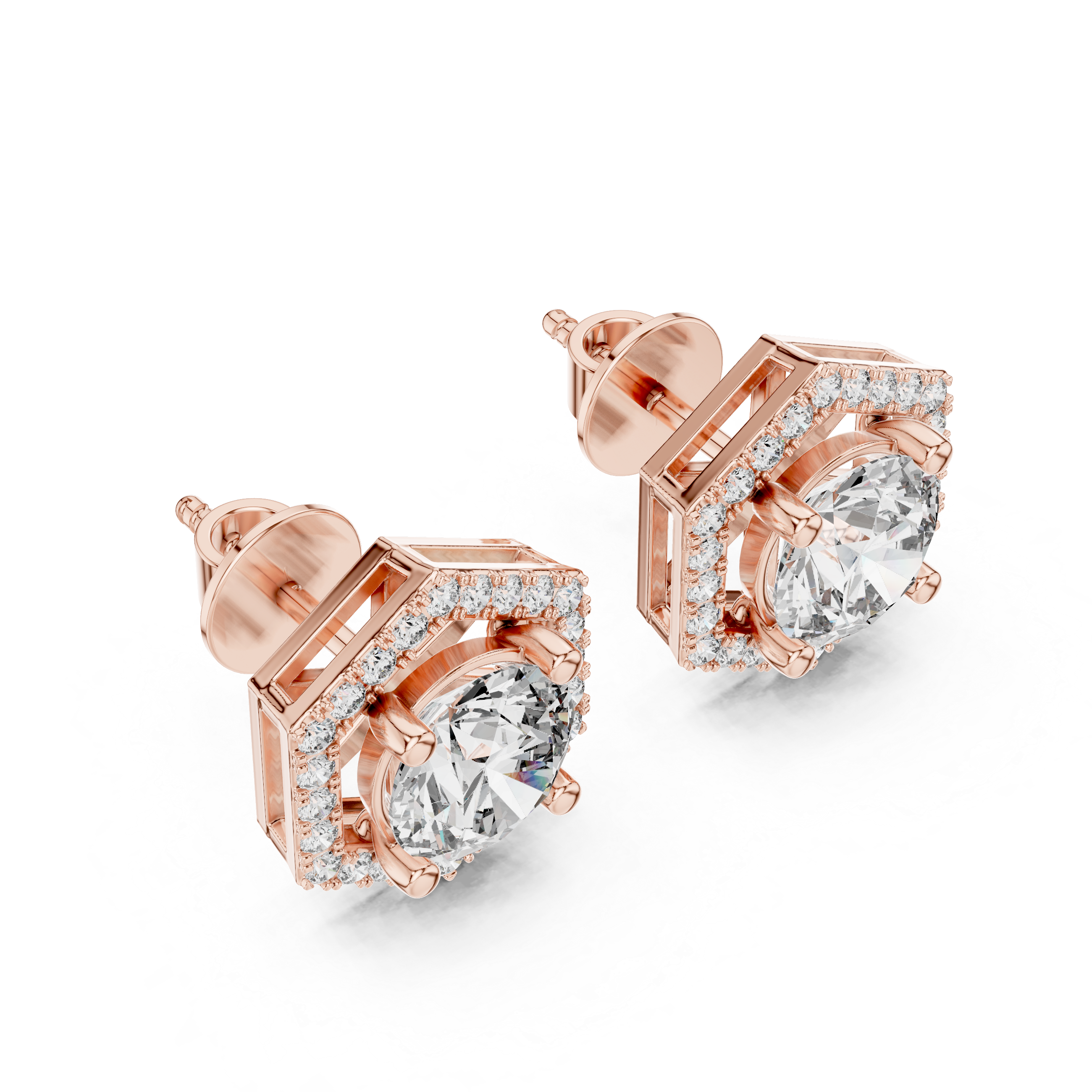 Hexagon Halo Diamond Stud Earrings