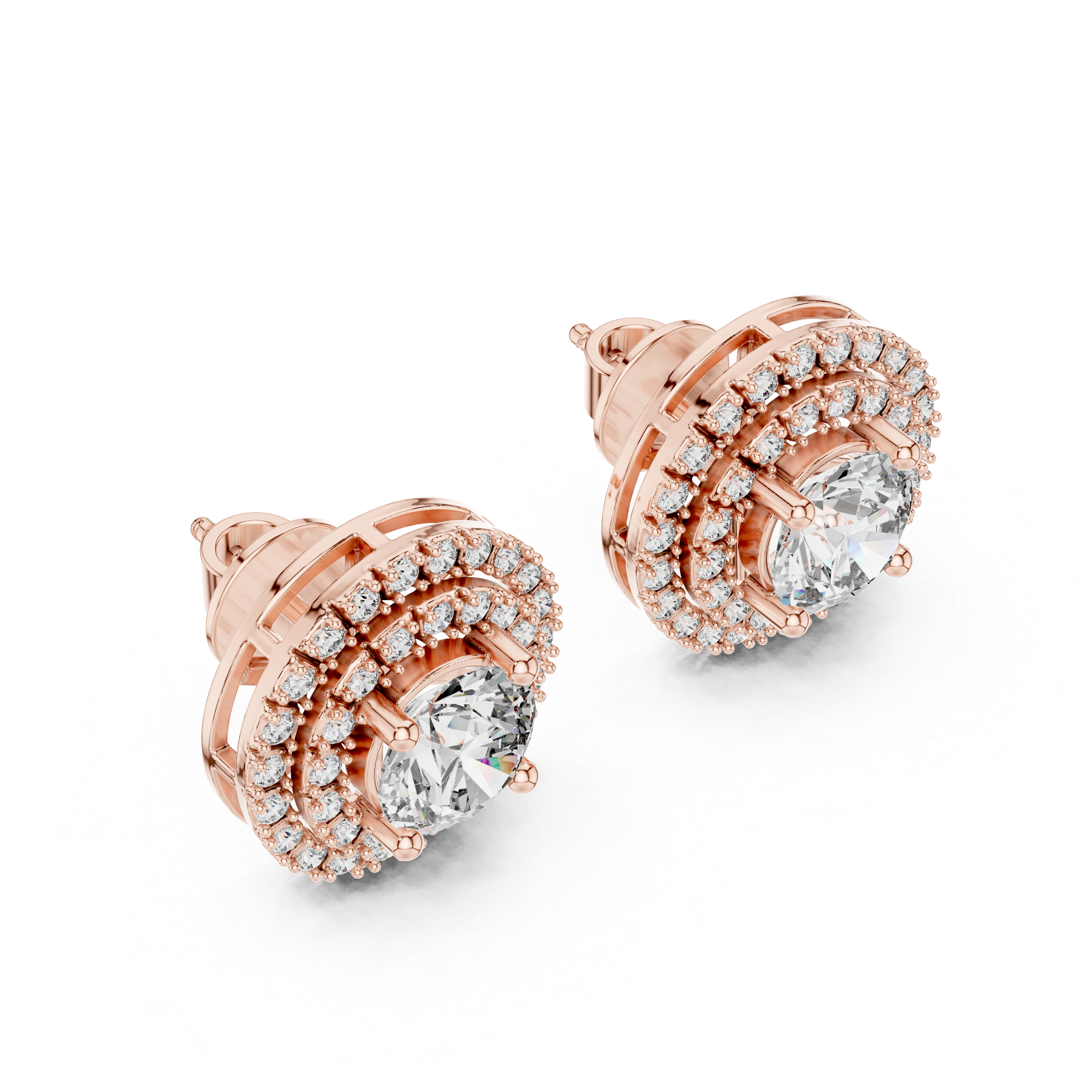 Double Halo Round Diamond Stud Earrings