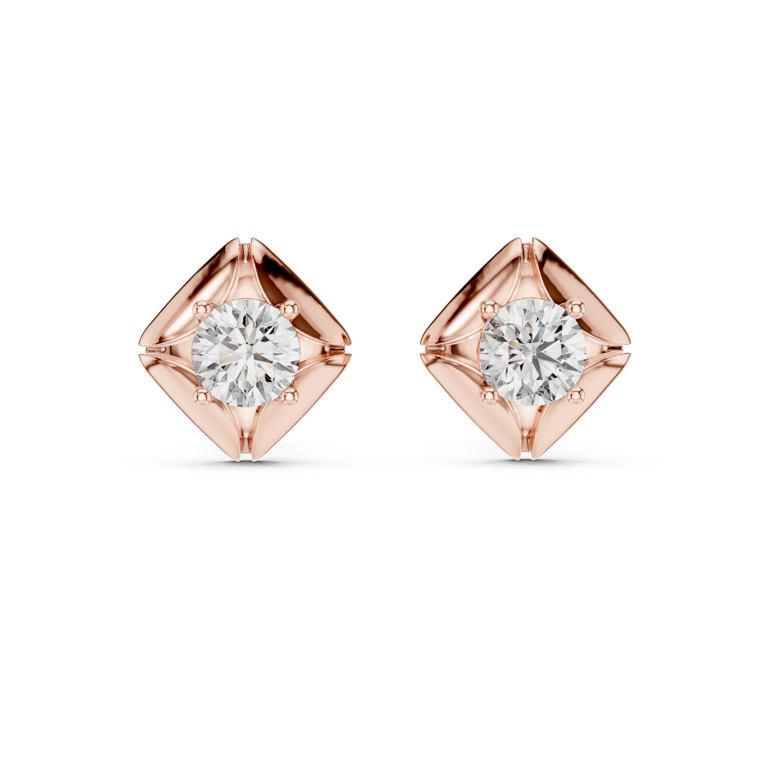 Geometric Floral Round Diamond Stud Earrings in Sculpted Square Frame