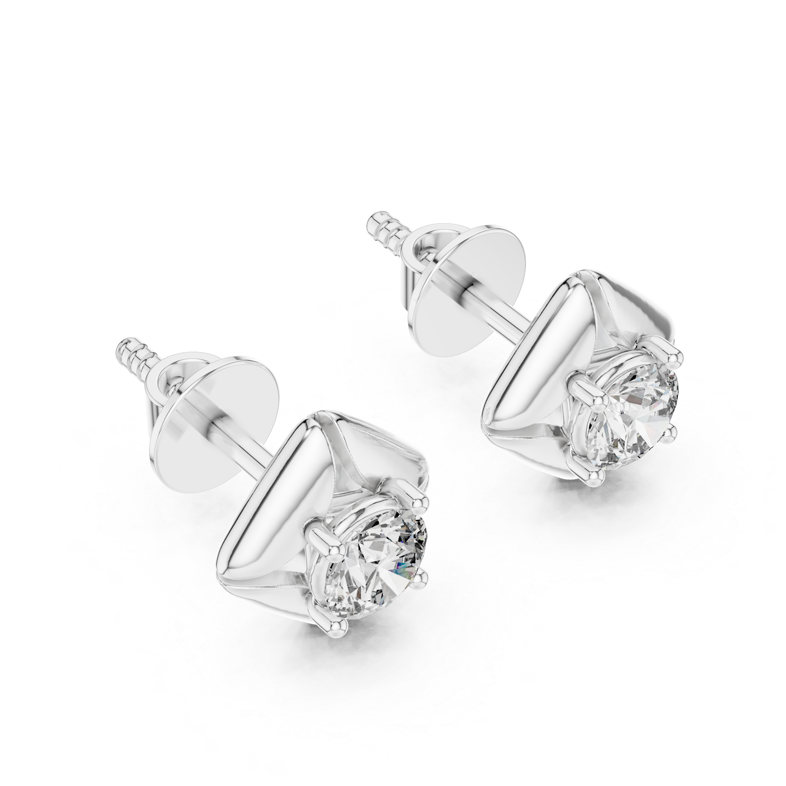 Geometric Floral Round Diamond Stud Earrings in Sculpted Square Frame