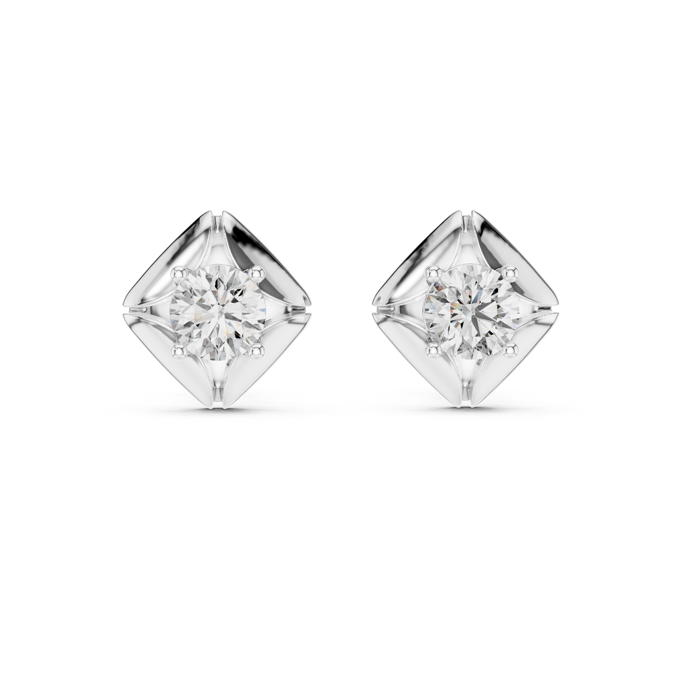 Geometric Floral Round Diamond Stud Earrings in Sculpted Square Frame