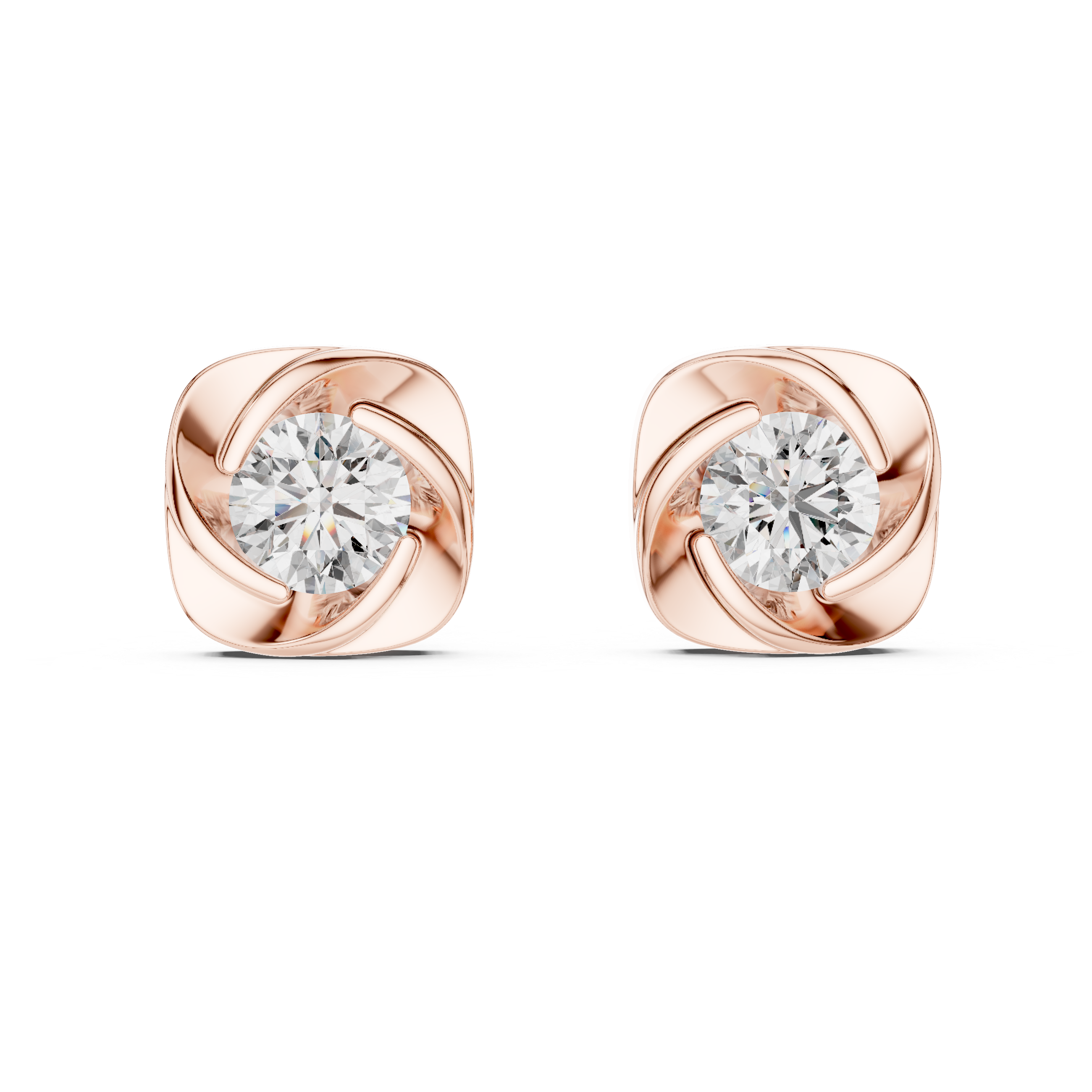 Modern Swirl Round Diamond Stud Earrings in Sculpted Cushion Frame