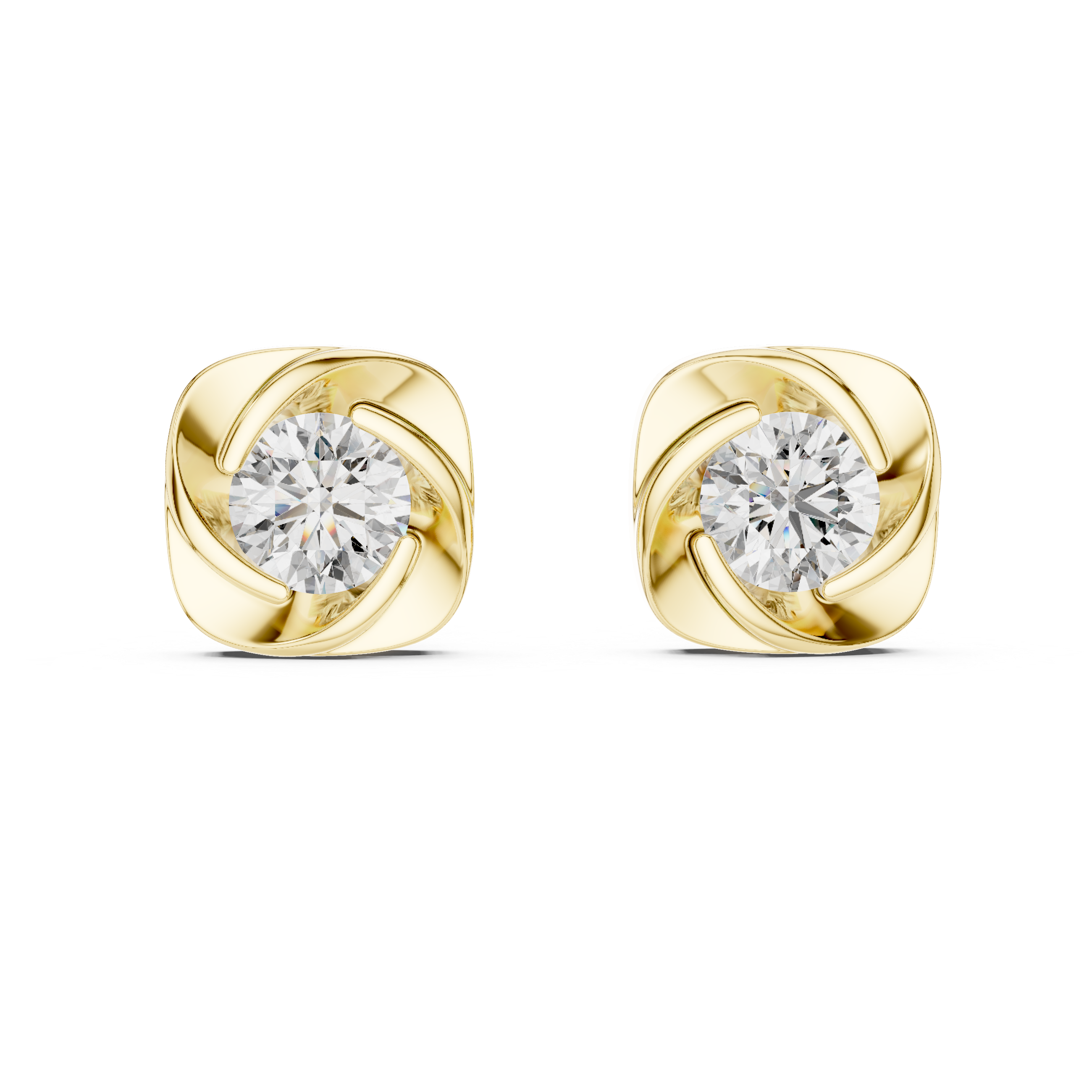 Modern Swirl Round Diamond Stud Earrings in Sculpted Cushion Frame