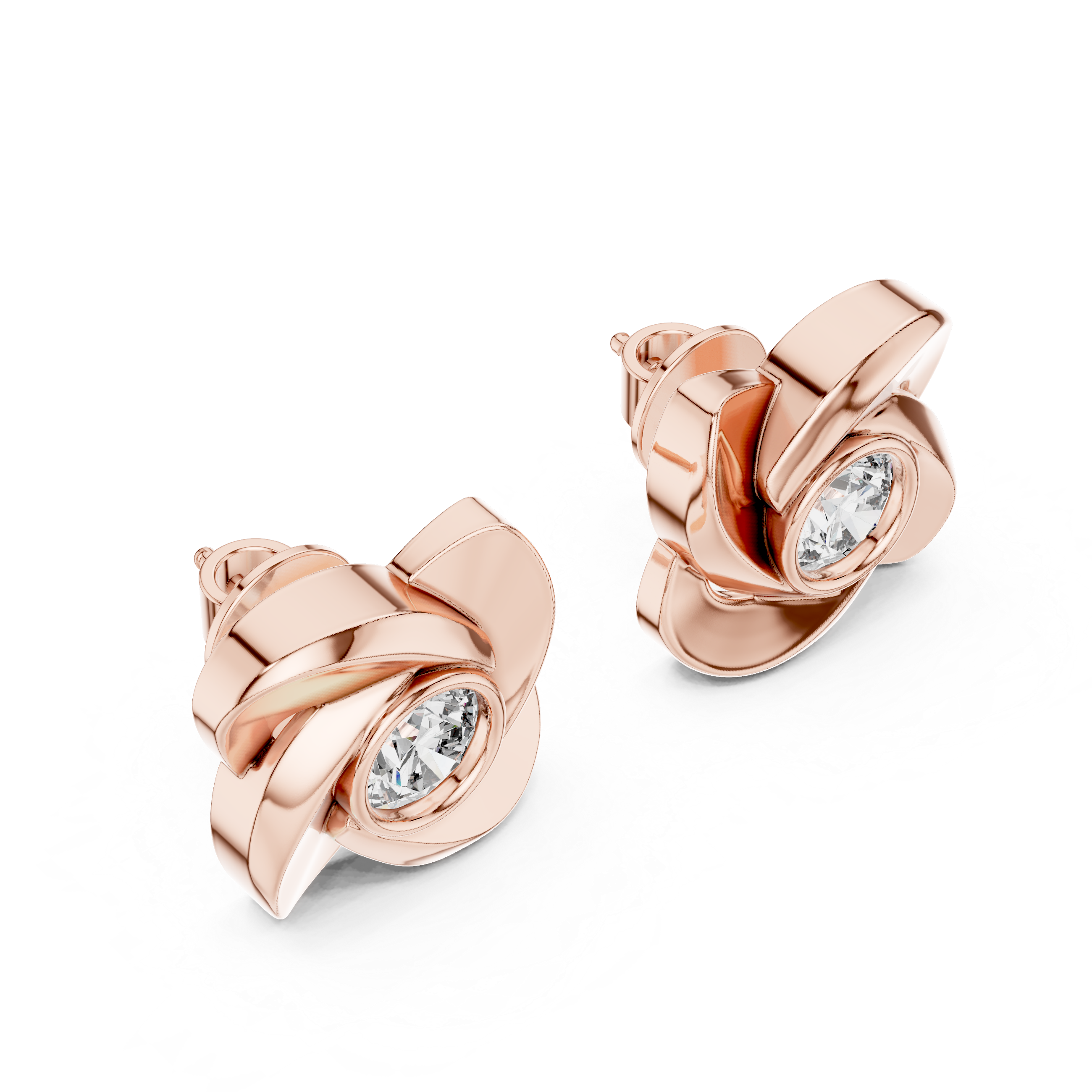 Floral Twist Round Diamond Stud Earrings in Modern Sculpted Setting