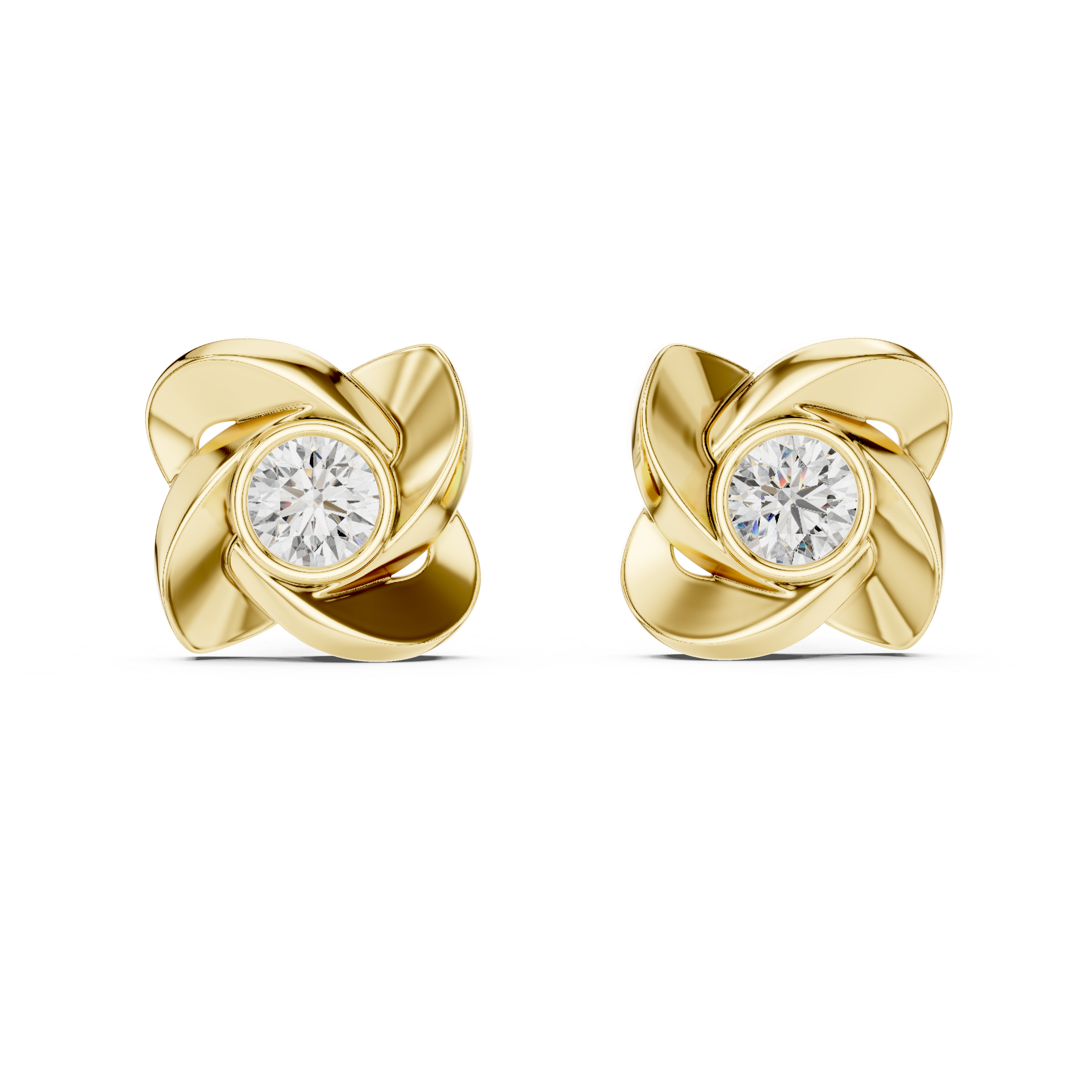 Floral Twist Round Diamond Stud Earrings in Modern Sculpted Setting