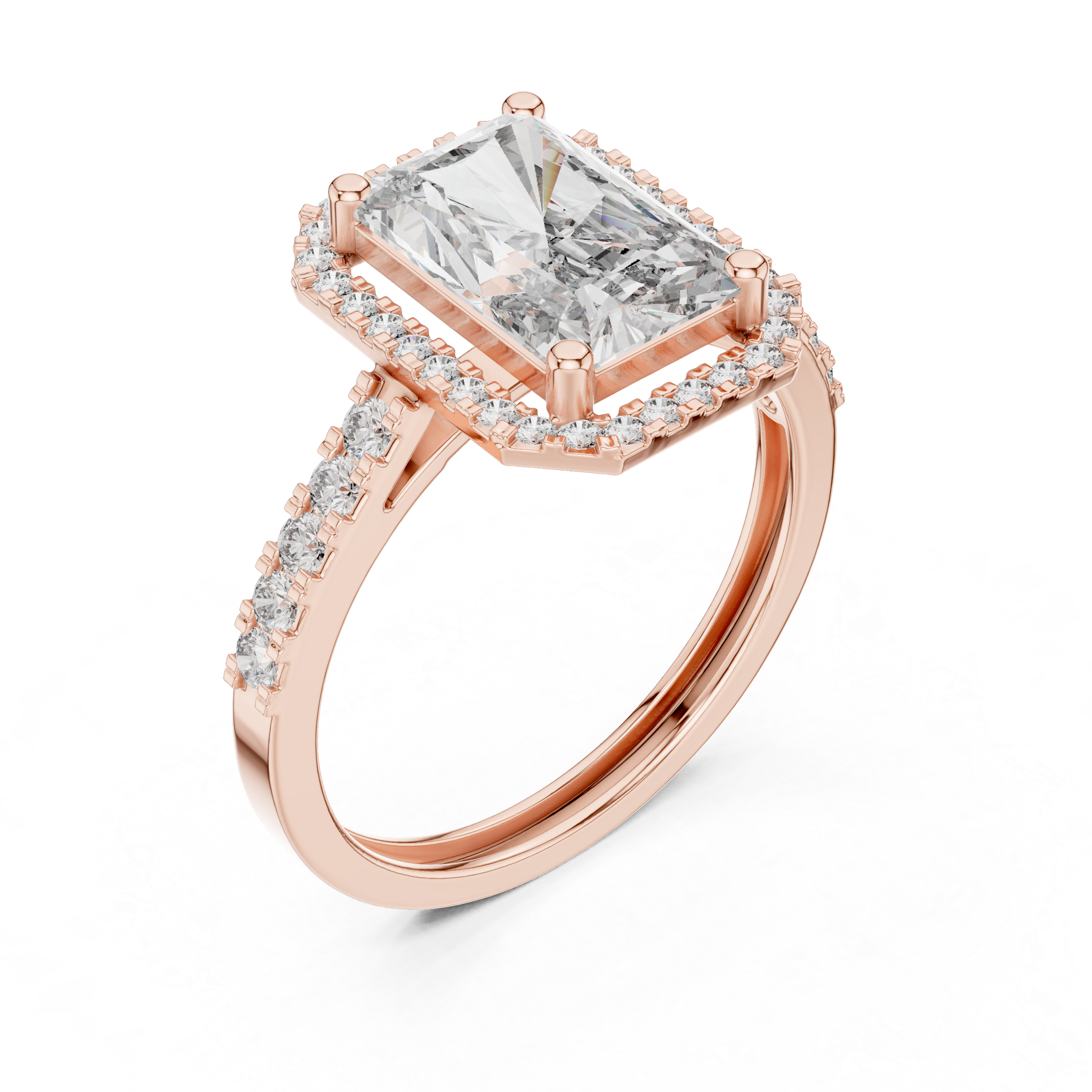 Radiant Cut Halo Engagement Ring – Hidden Halo Diamond Ring with Pavé Band