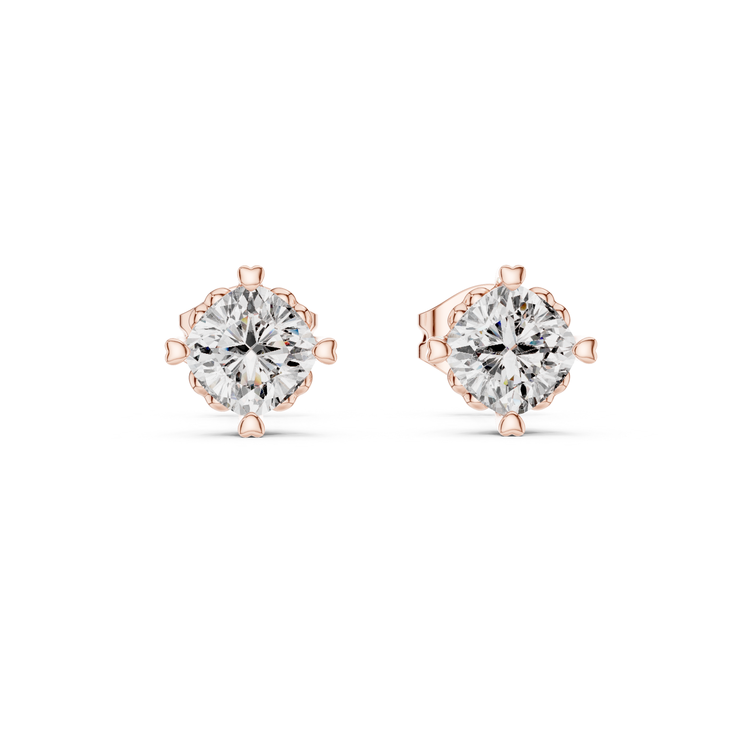 Cushion Cut Diamond Stud Earrings with Heart Prong Setting