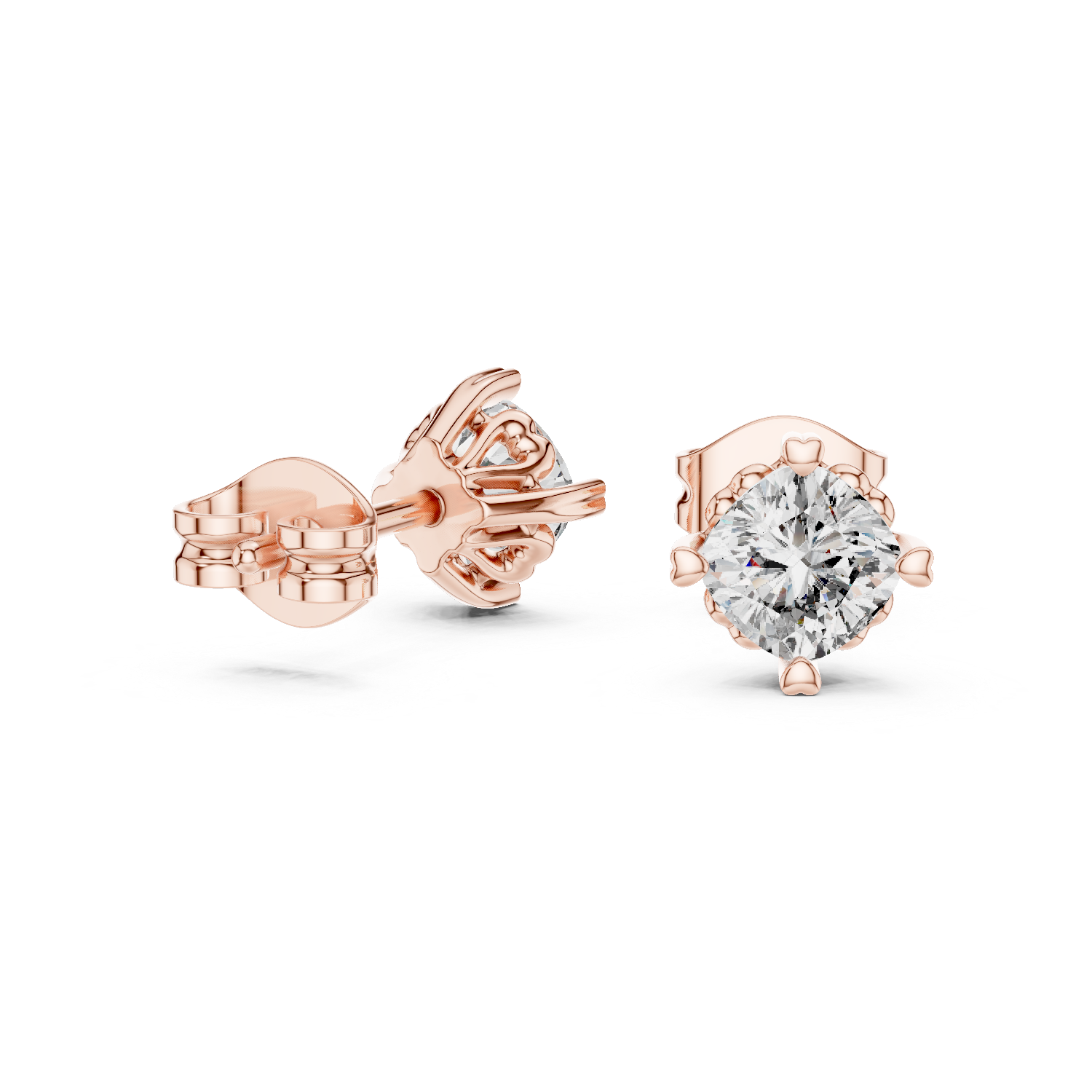 Cushion Cut Diamond Stud Earrings with Heart Prong Setting