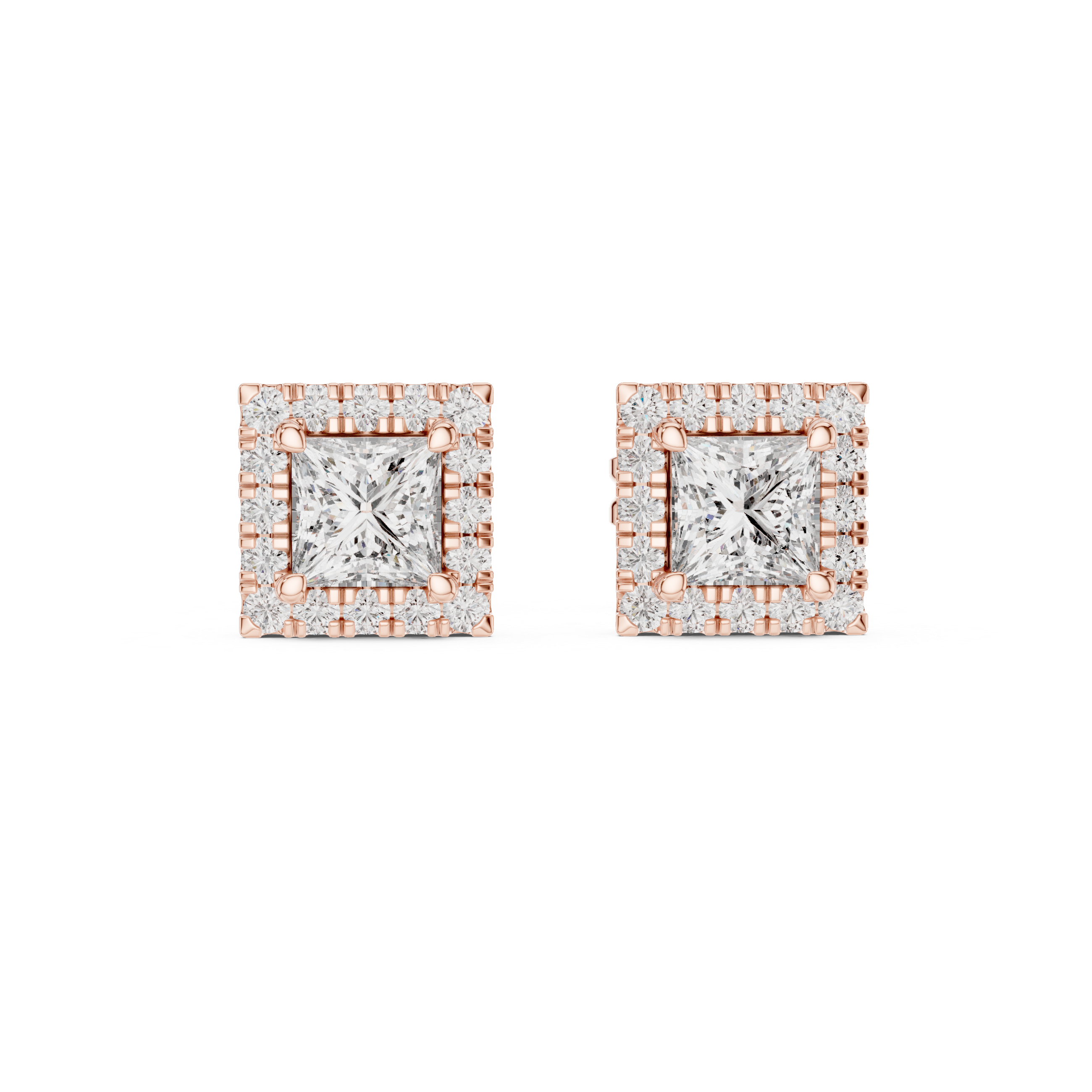 Princess Cut Halo Stud Earrings – Square Diamond Frame Design