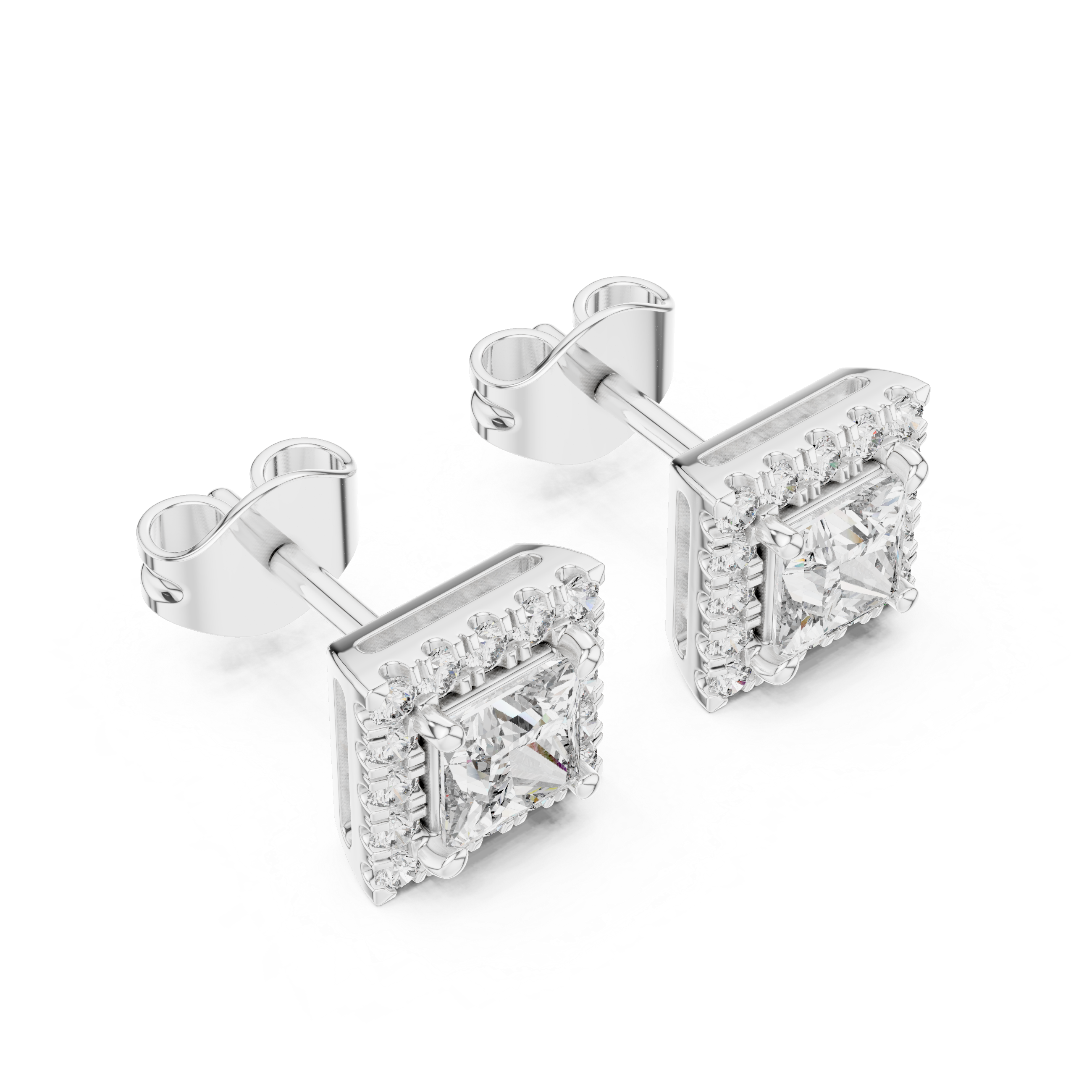 Princess Cut Halo Stud Earrings – Square Diamond Frame Design