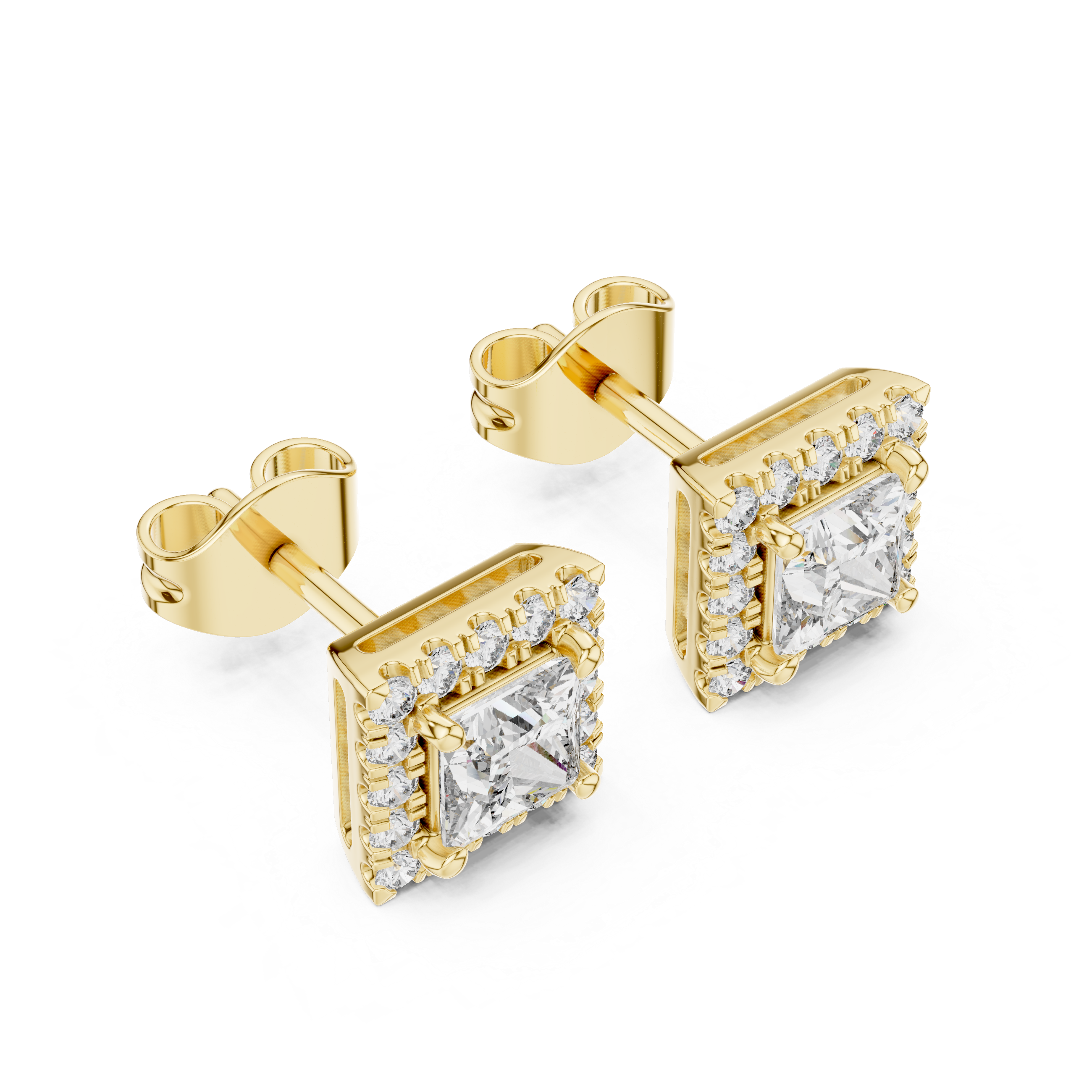 Princess Cut Halo Stud Earrings – Square Diamond Frame Design
