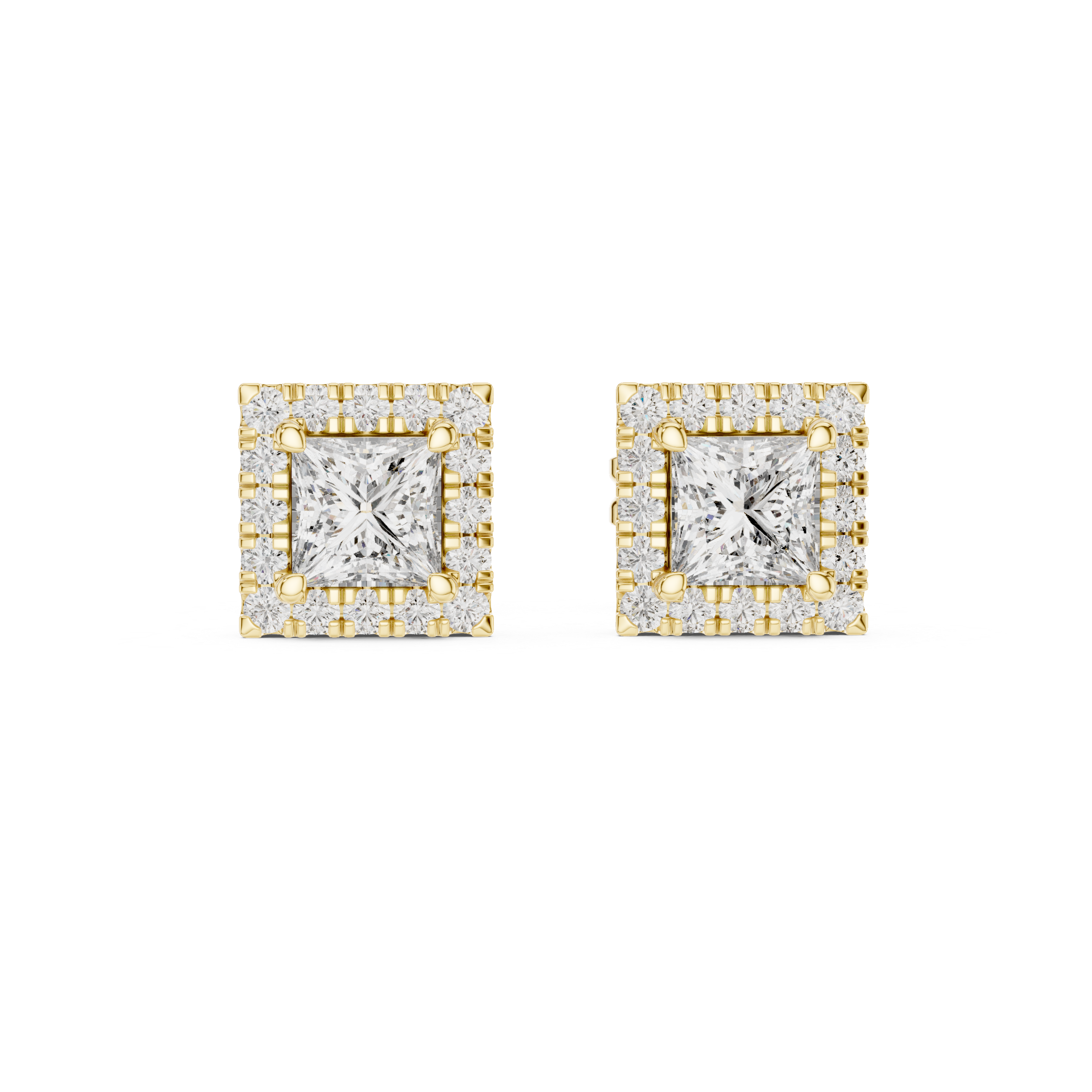 Princess Cut Halo Stud Earrings – Square Diamond Frame Design