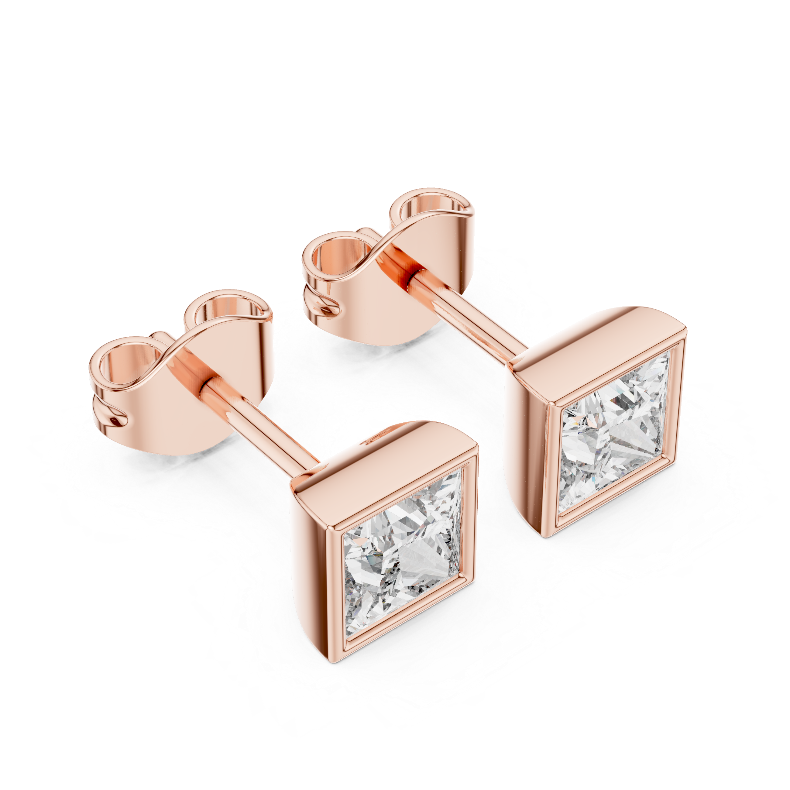 Princess Cut Bezel Set Stud Earrings – Minimal Square Diamond Design