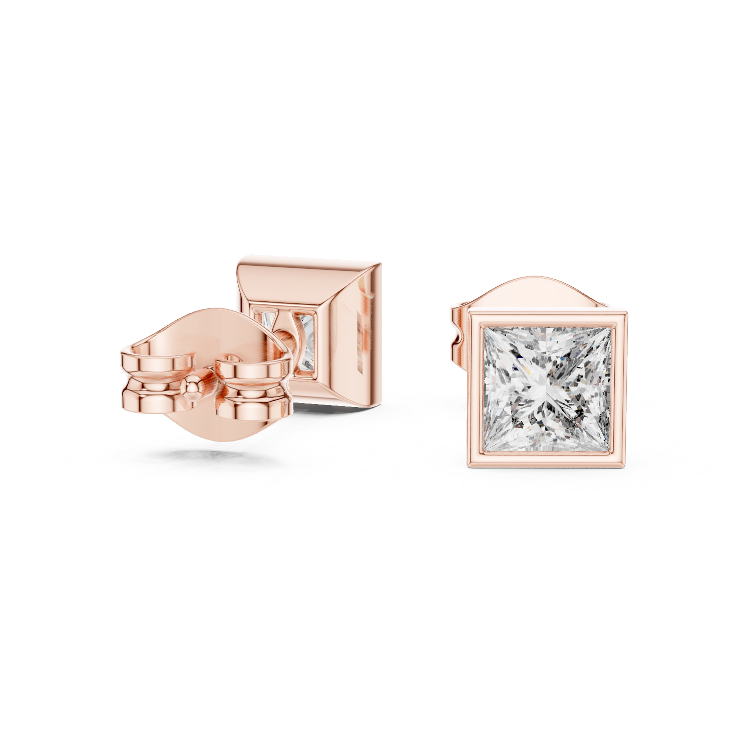 Princess Cut Bezel Set Stud Earrings – Minimal Square Diamond Design