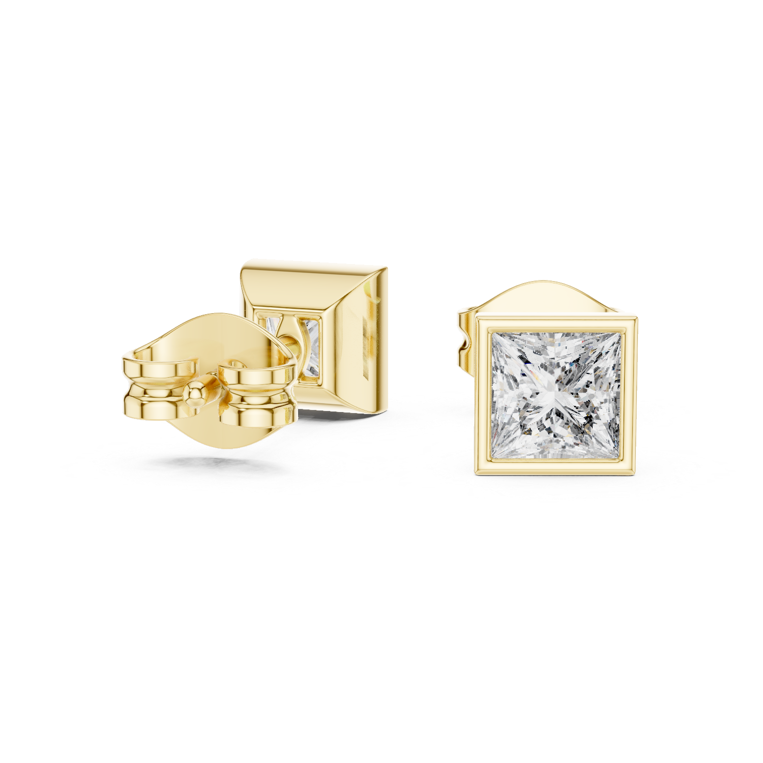 Princess Cut Bezel Set Stud Earrings – Minimal Square Diamond Design