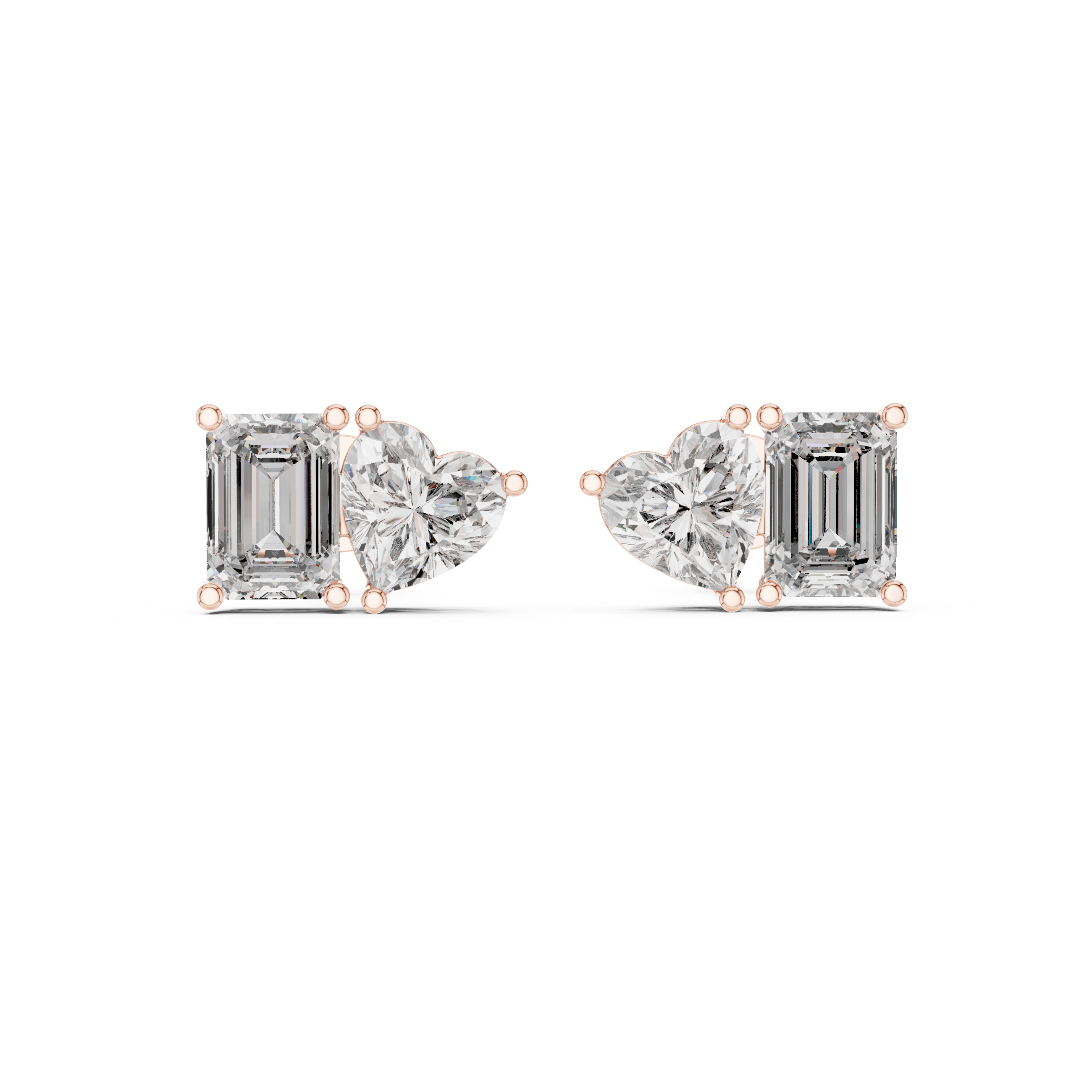 Emerald & Heart Cut Diamond Stud Earrings – Modern Two-Stone Design