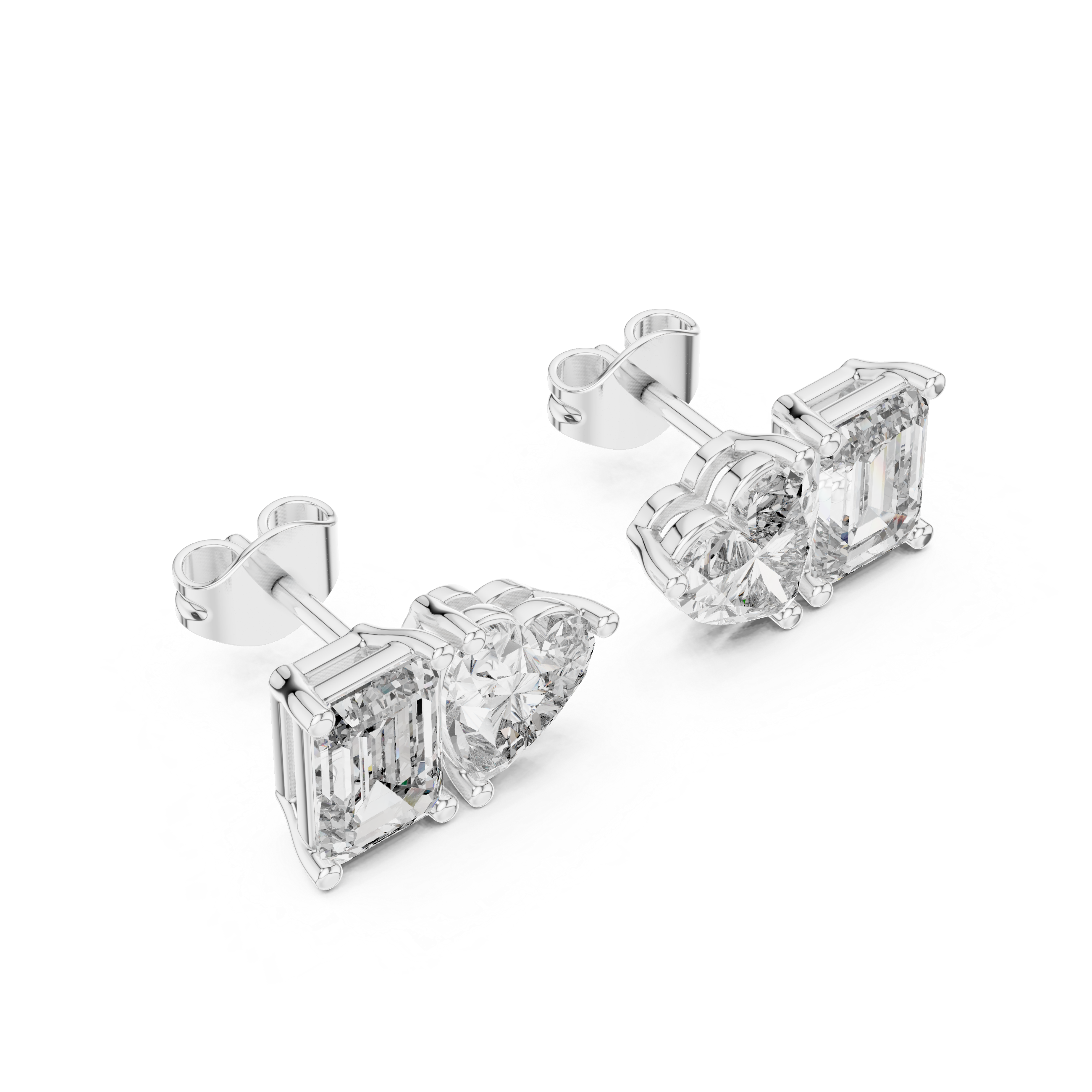 Emerald & Heart Cut Diamond Stud Earrings – Modern Two-Stone Design