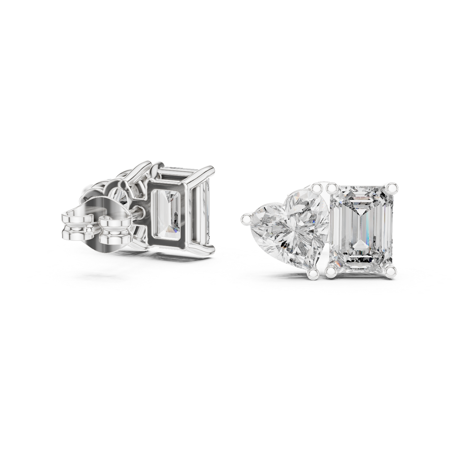 Emerald & Heart Cut Diamond Stud Earrings – Modern Two-Stone Design