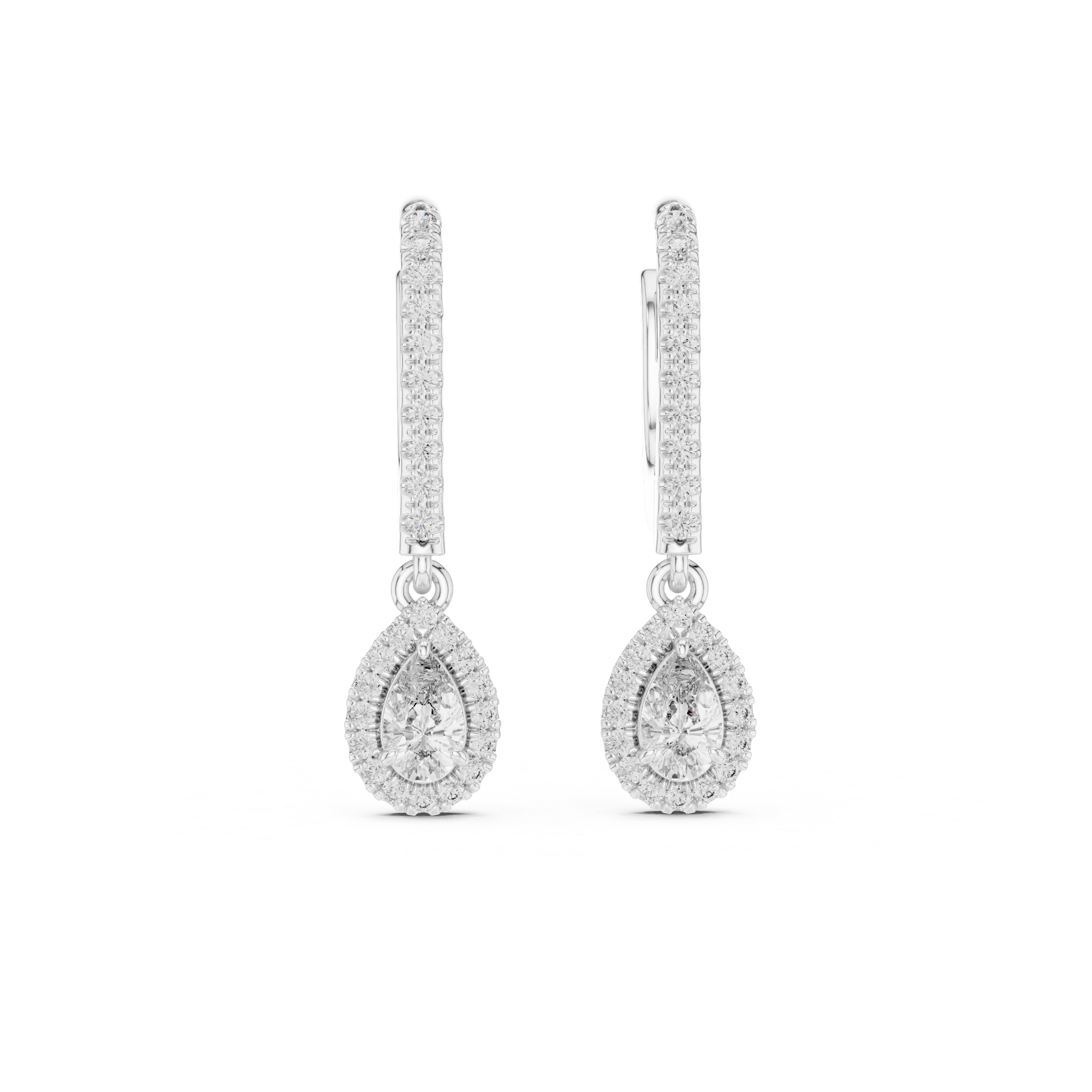 Pear Cut Halo Drop Hoop Earrings