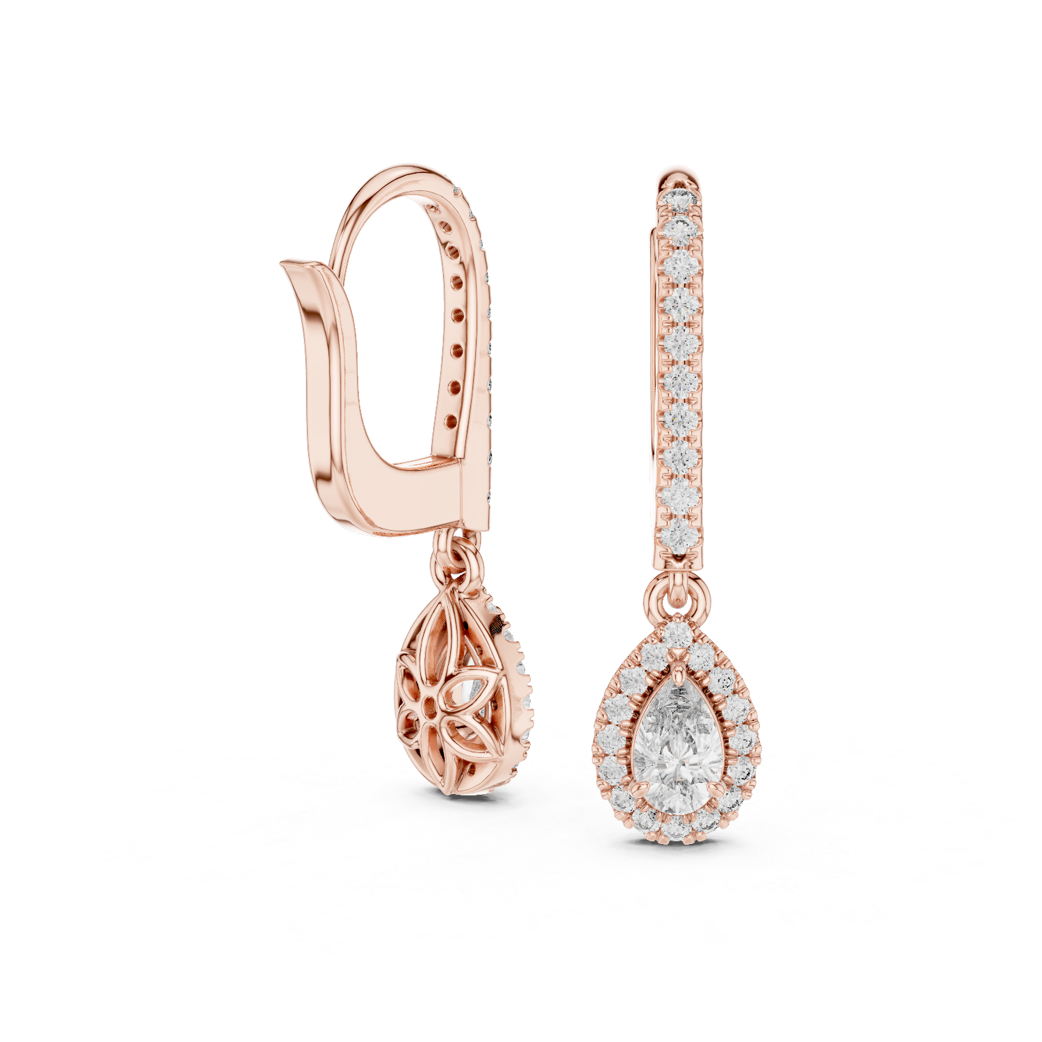 Pear Cut Halo Drop Hoop Earrings