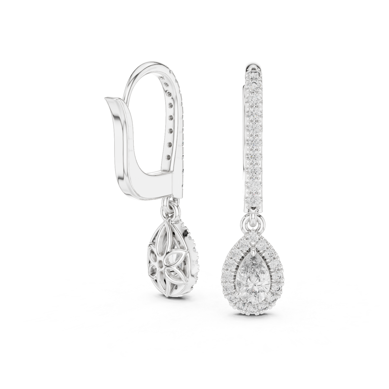 Pear Cut Halo Drop Hoop Earrings