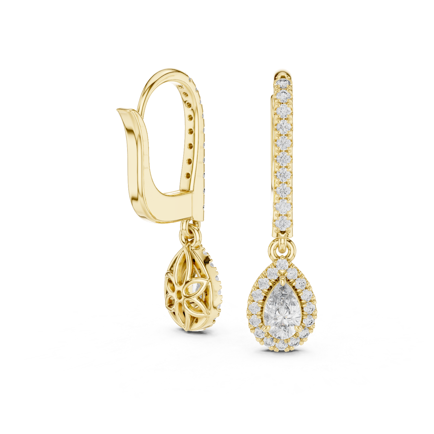 Pear Cut Halo Drop Hoop Earrings