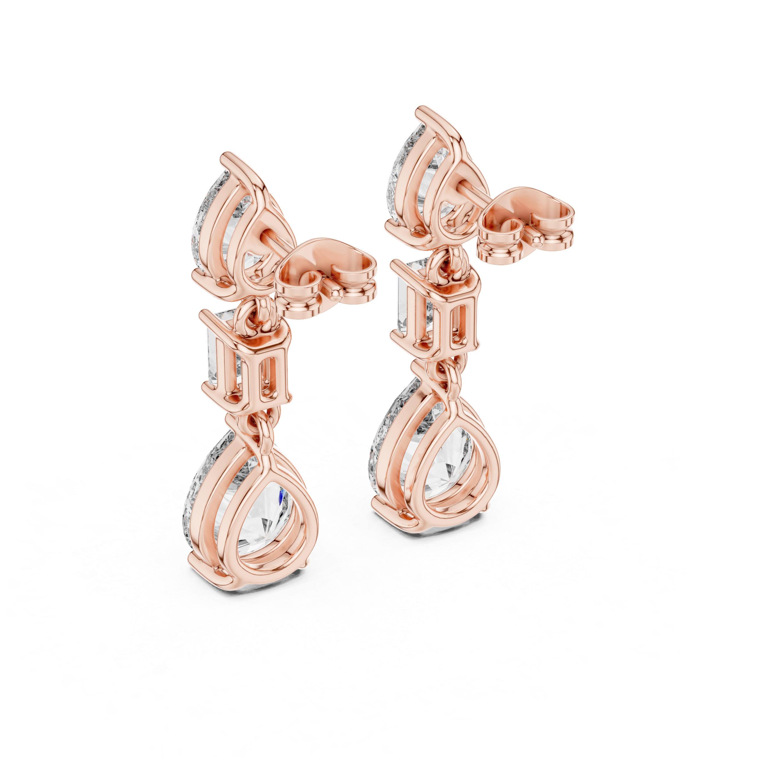 Pear & Emerald Cut Three-Stone Drop Diamond Earrings