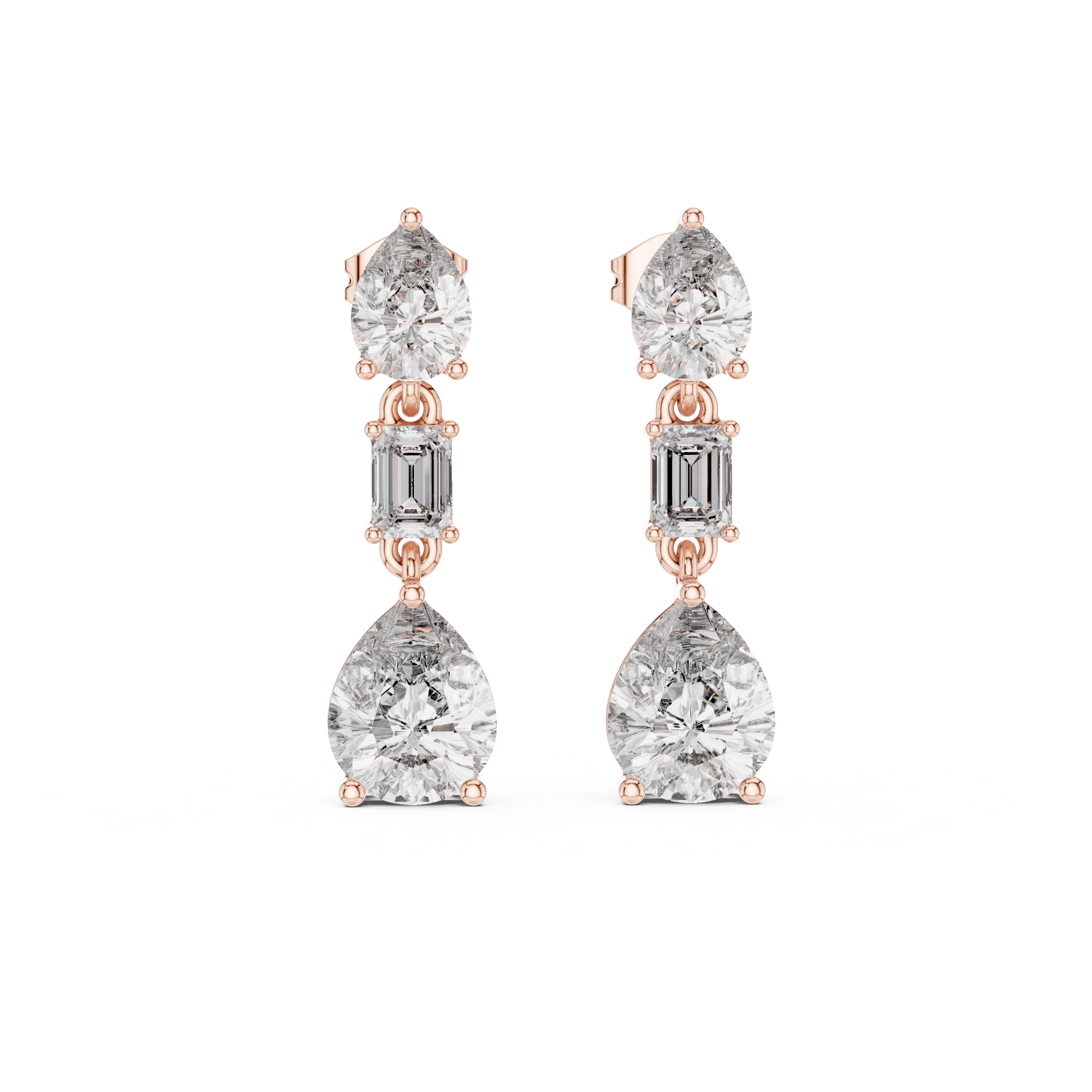 Pear & Emerald Cut Three-Stone Drop Diamond Earrings