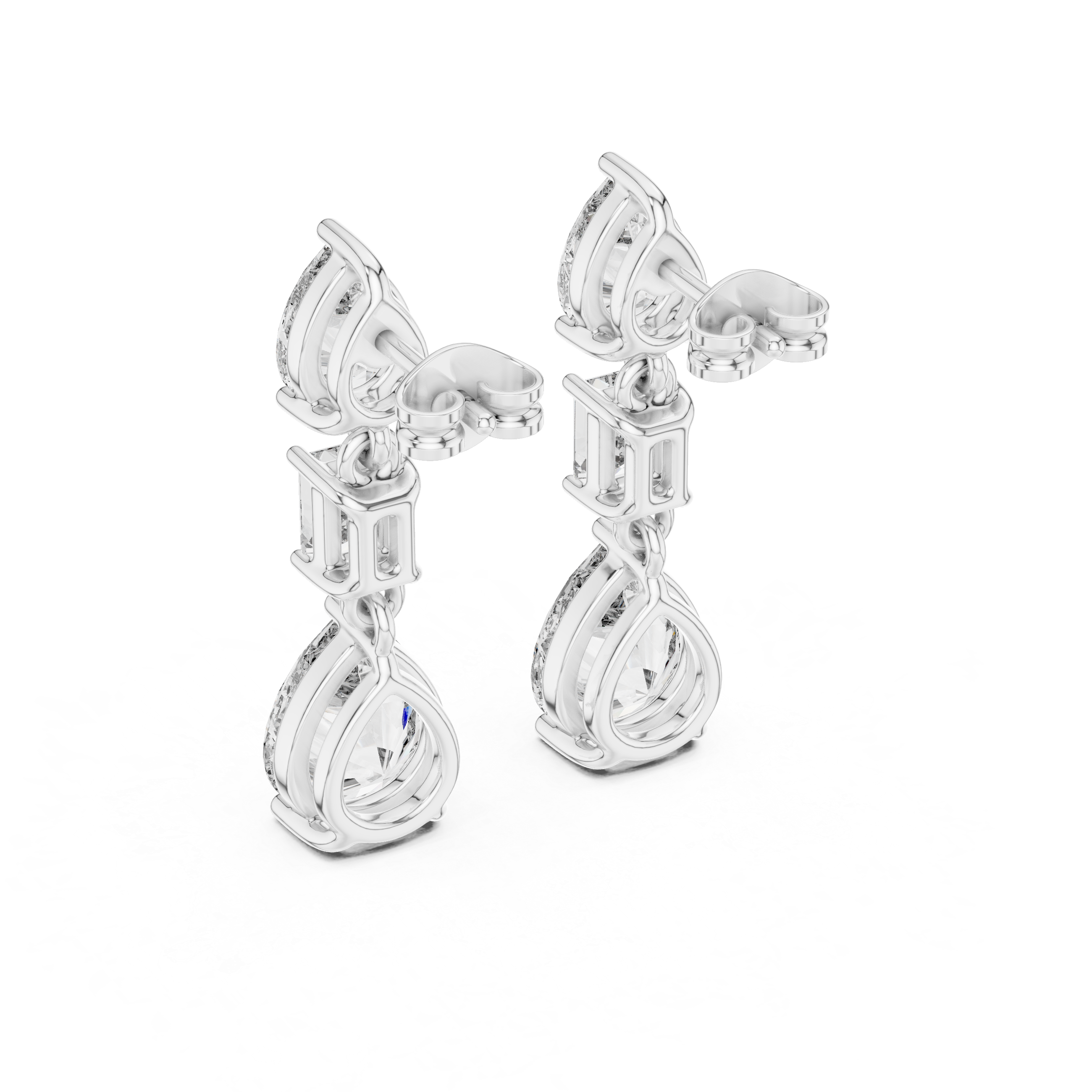 Pear & Emerald Cut Three-Stone Drop Diamond Earrings